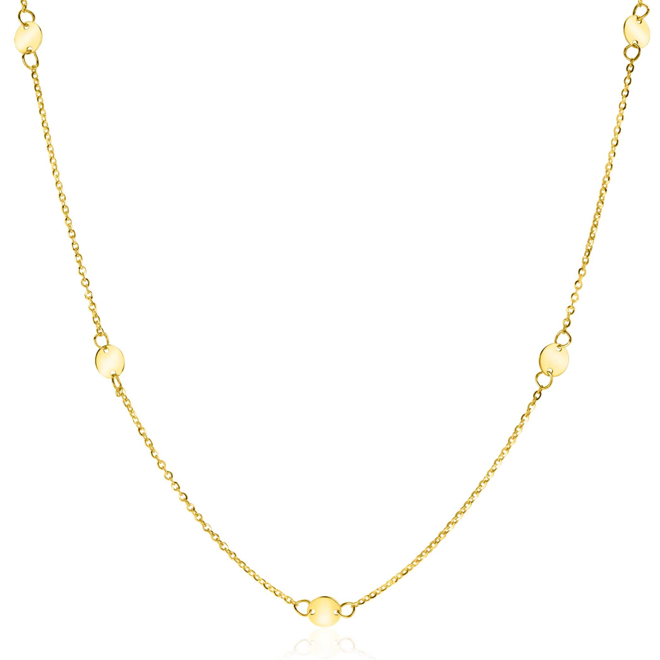 ZINZI Gold 14 krt gouden ketting met subtiele jasseron schakels en zeven ronde gladde plaatjes 5mm breed 42-45cm ZGC444
