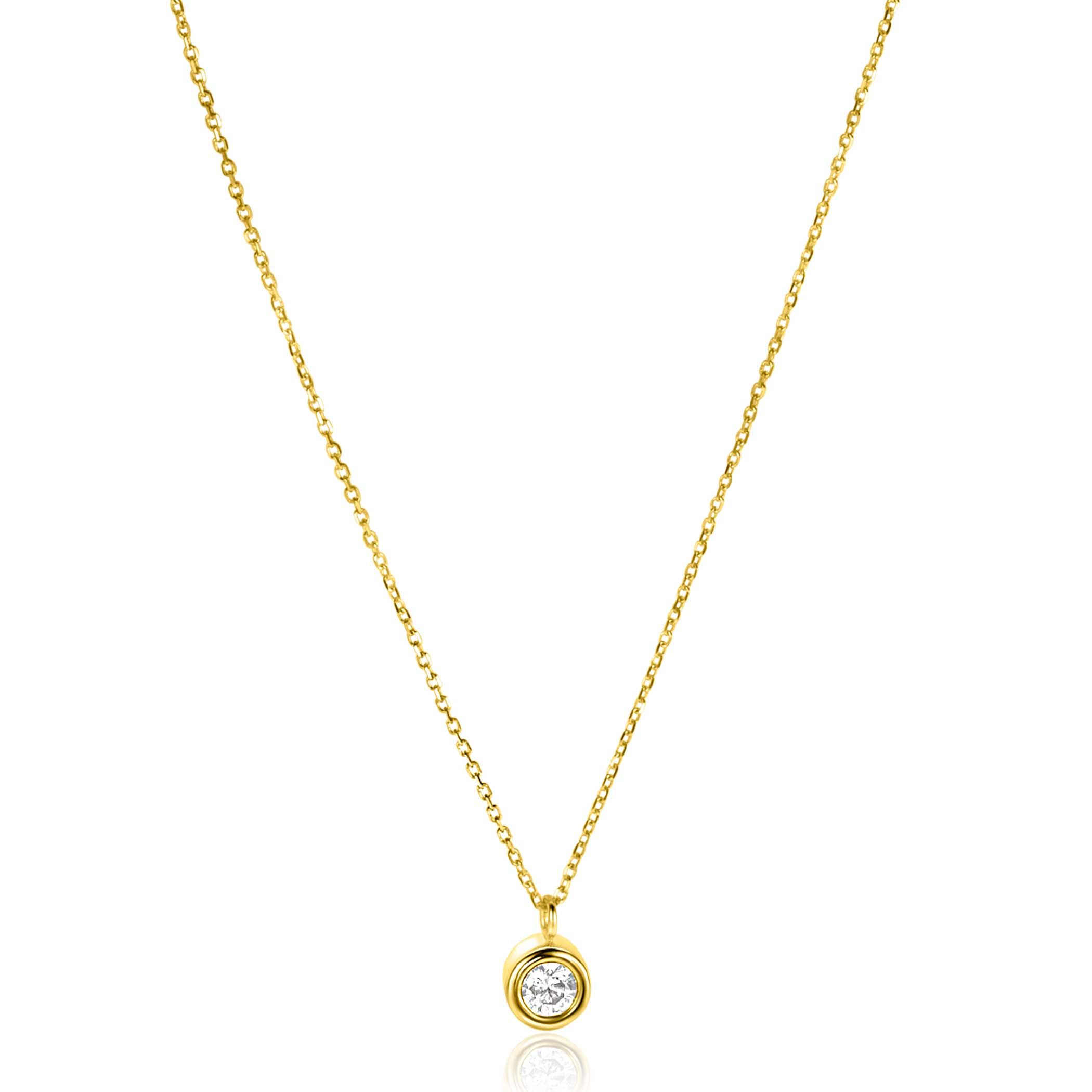 ZINZI Gold 14 krt gouden schakelkettinkje 43cm met sierlijke ronde hanger, bezet met witte zirconia ZGC371