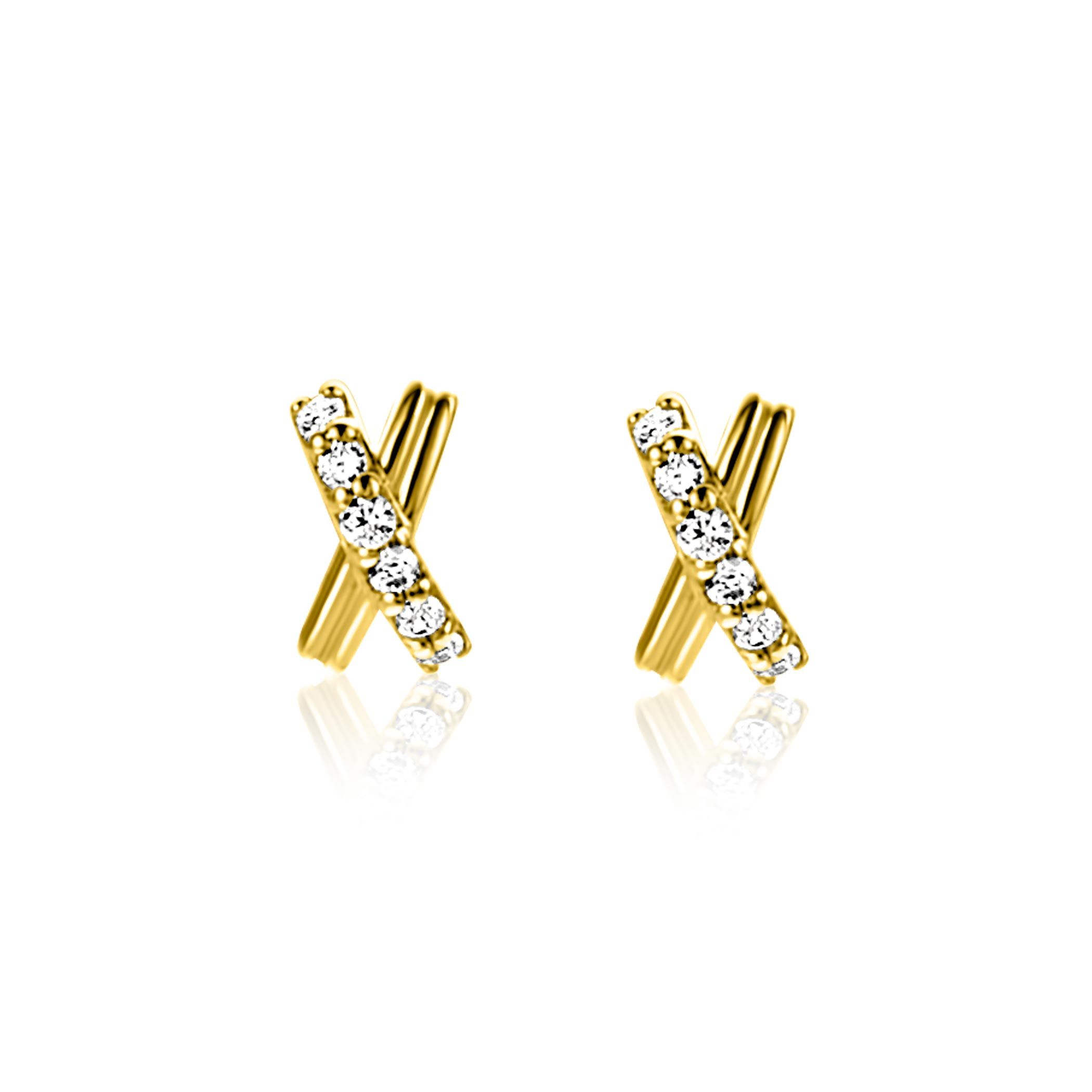 6mm ZINZI Gold 14 krt gouden oorstekers met X-vorm, bezet met witte zirkonia's ZGO549