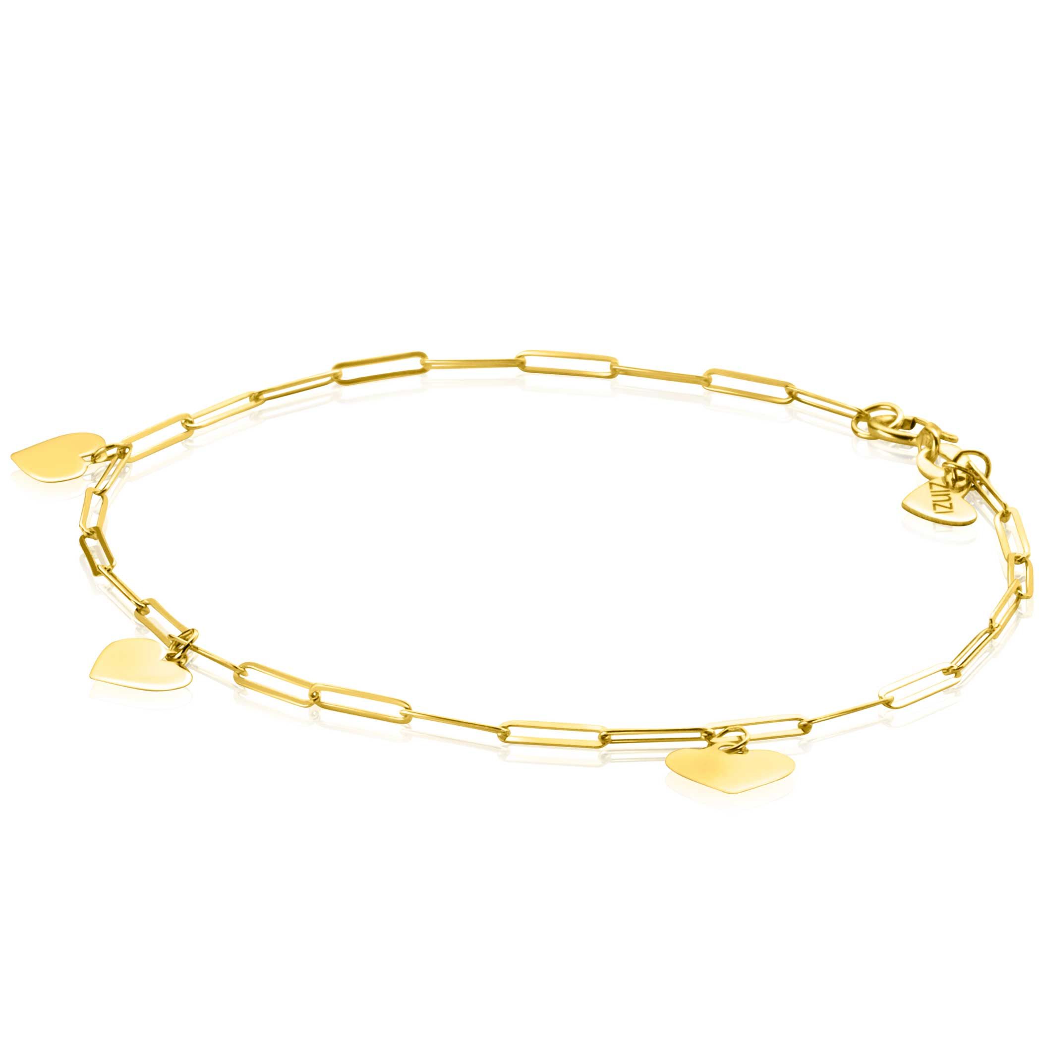 ZINZI Gold 14 krt gouden armband met trendy paperclip schakels 1,8mm breed met drie gladde harten, lengte 19cm ZGA342