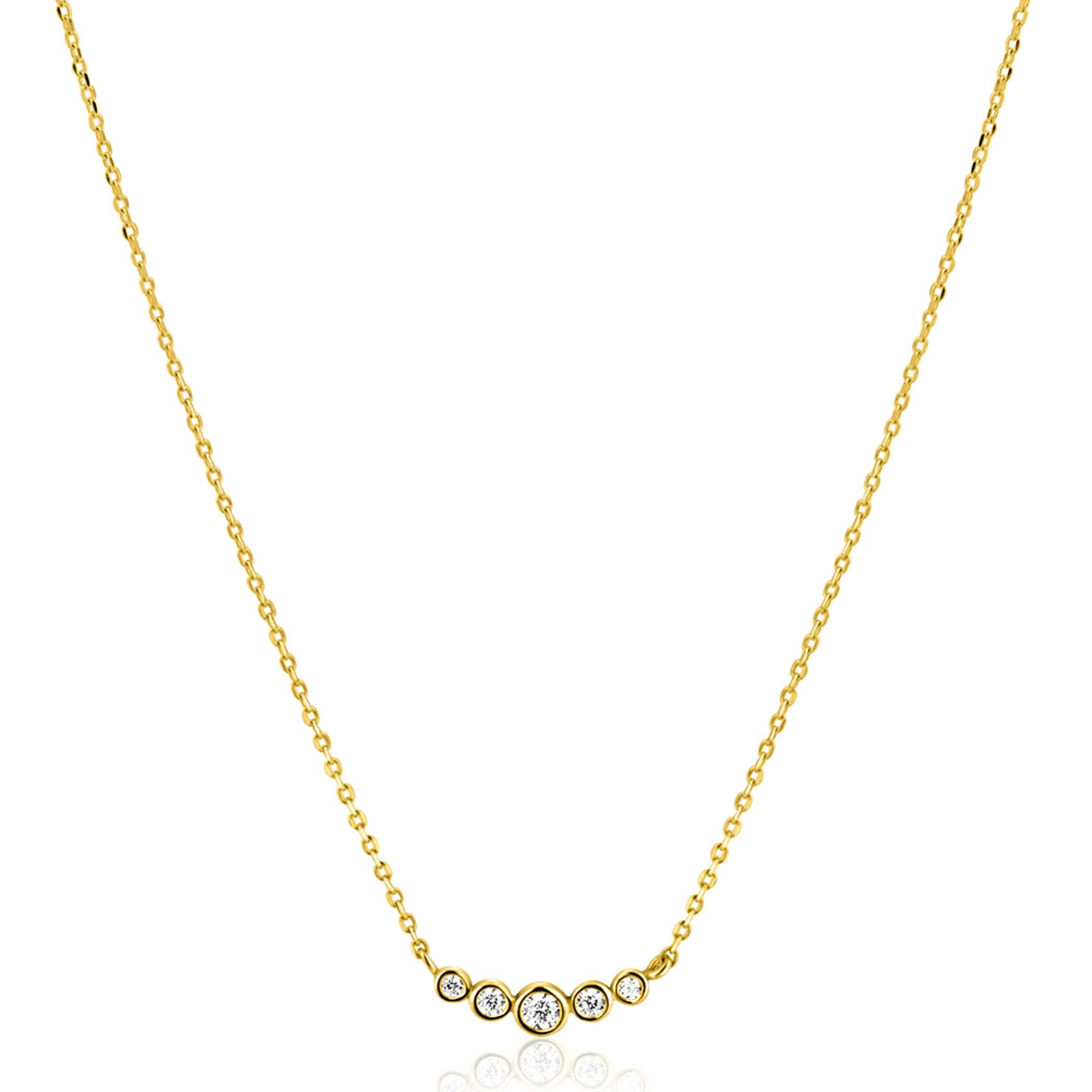 ZINZI Gold 14 karaat gouden ketting met vijf ronde witte zirconia's op een rij 45cm ZGC556
