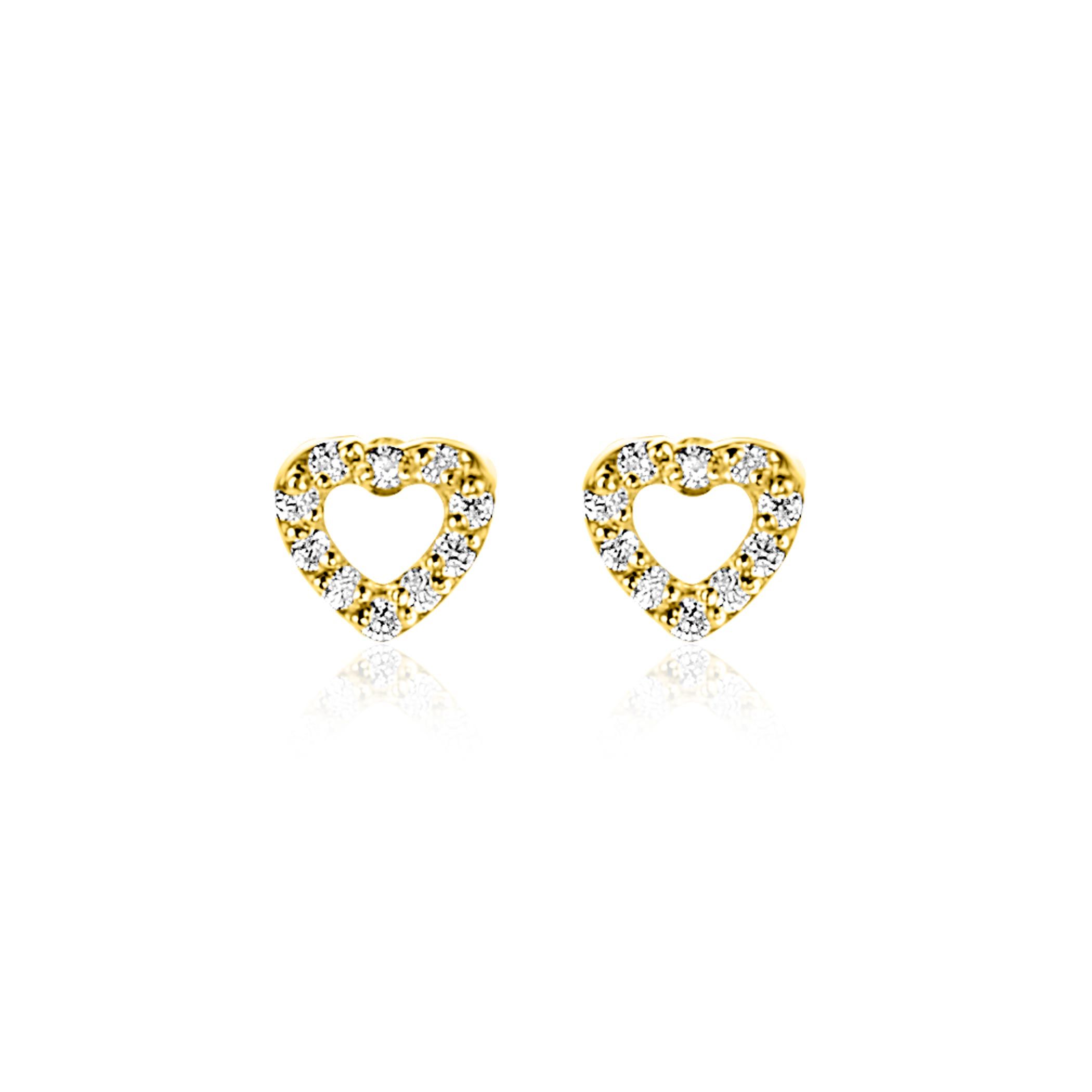 5mm ZINZI Gold 14 krt gouden oorknoppen open hartje bezet met witte zirkonia's ZGO551