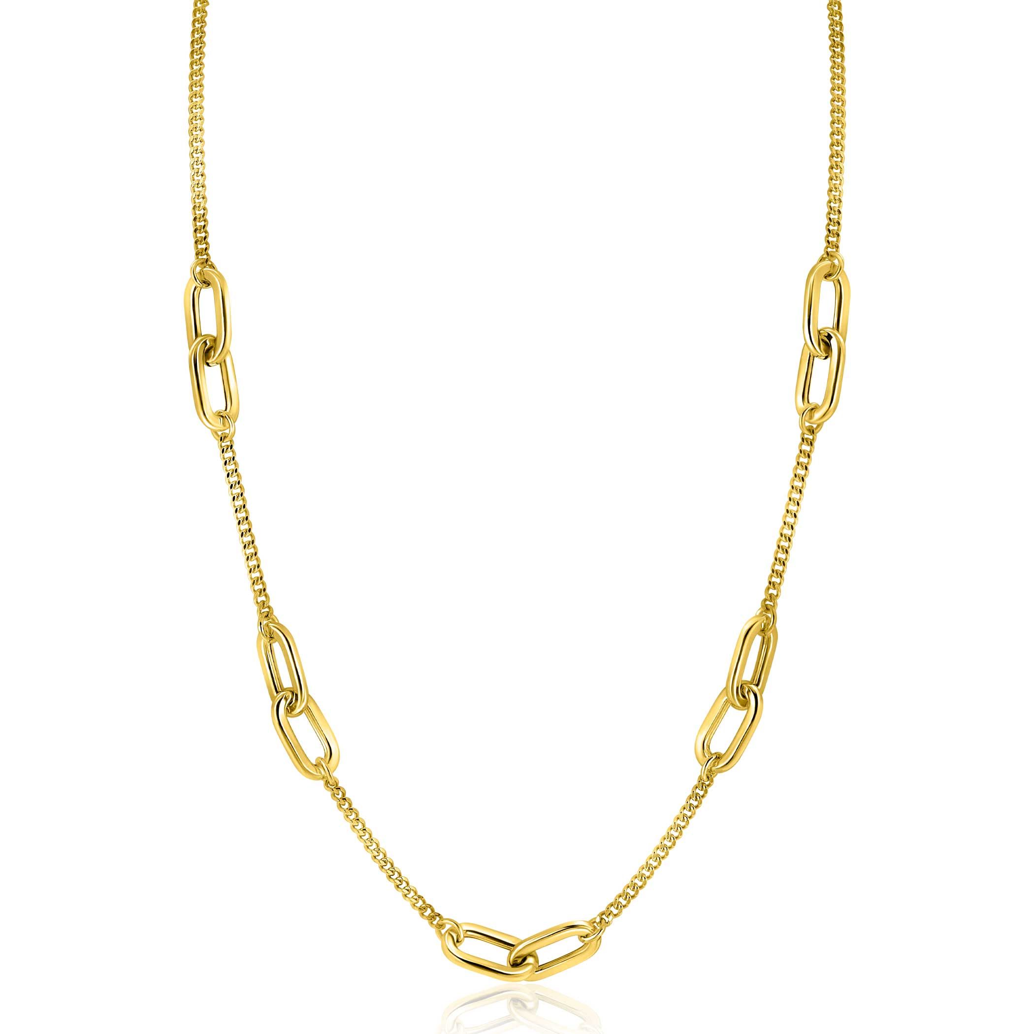 ZINZI gold plated zilveren ketting met gourmet schakels, afgewisseld met grotere ovale schakels 42-45cm ZIC2412G