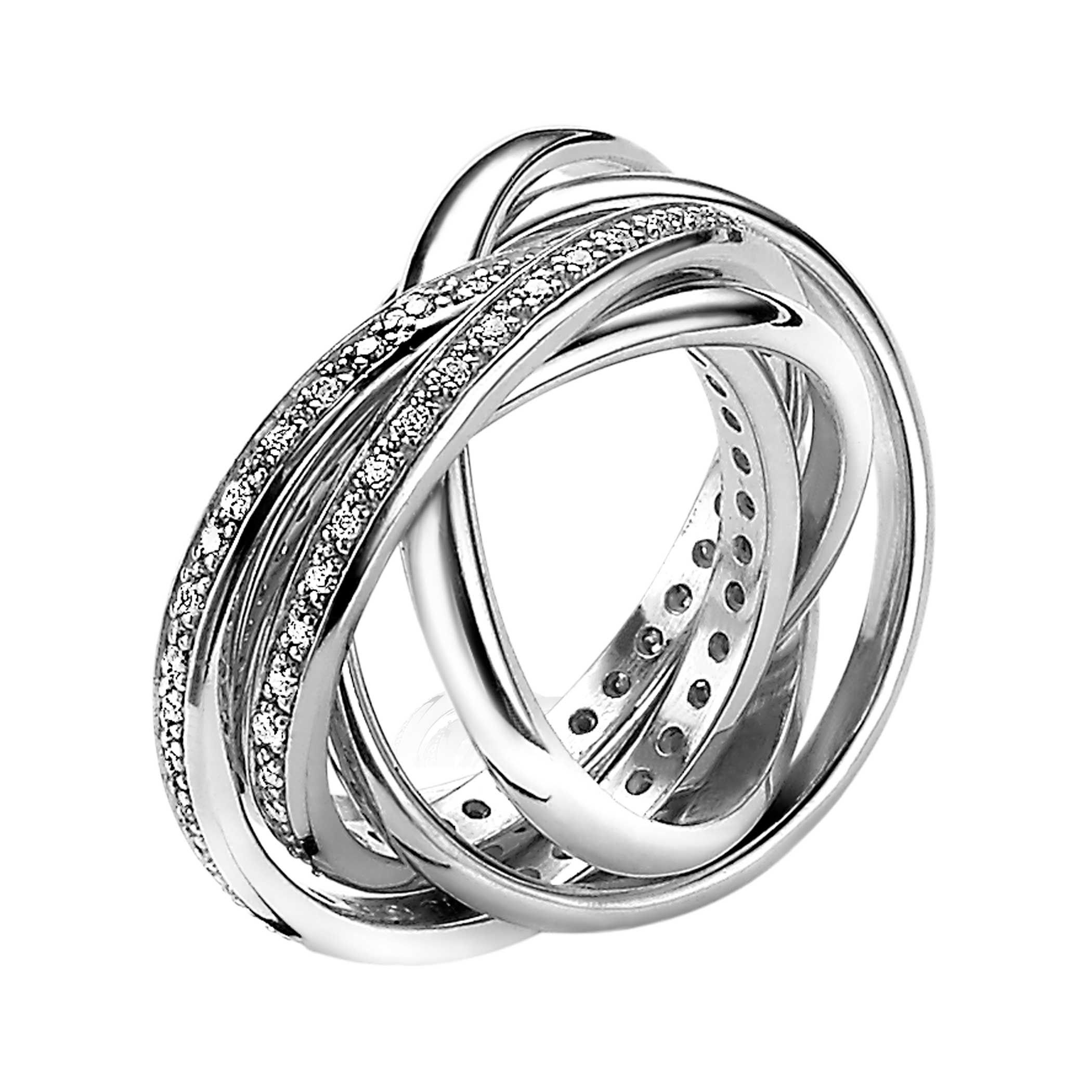 ZINZI zilveren cross-over ring met 5 losse ringen in elkaar, waarbij 2 vol bezet met witte zirconia's ZIR785
