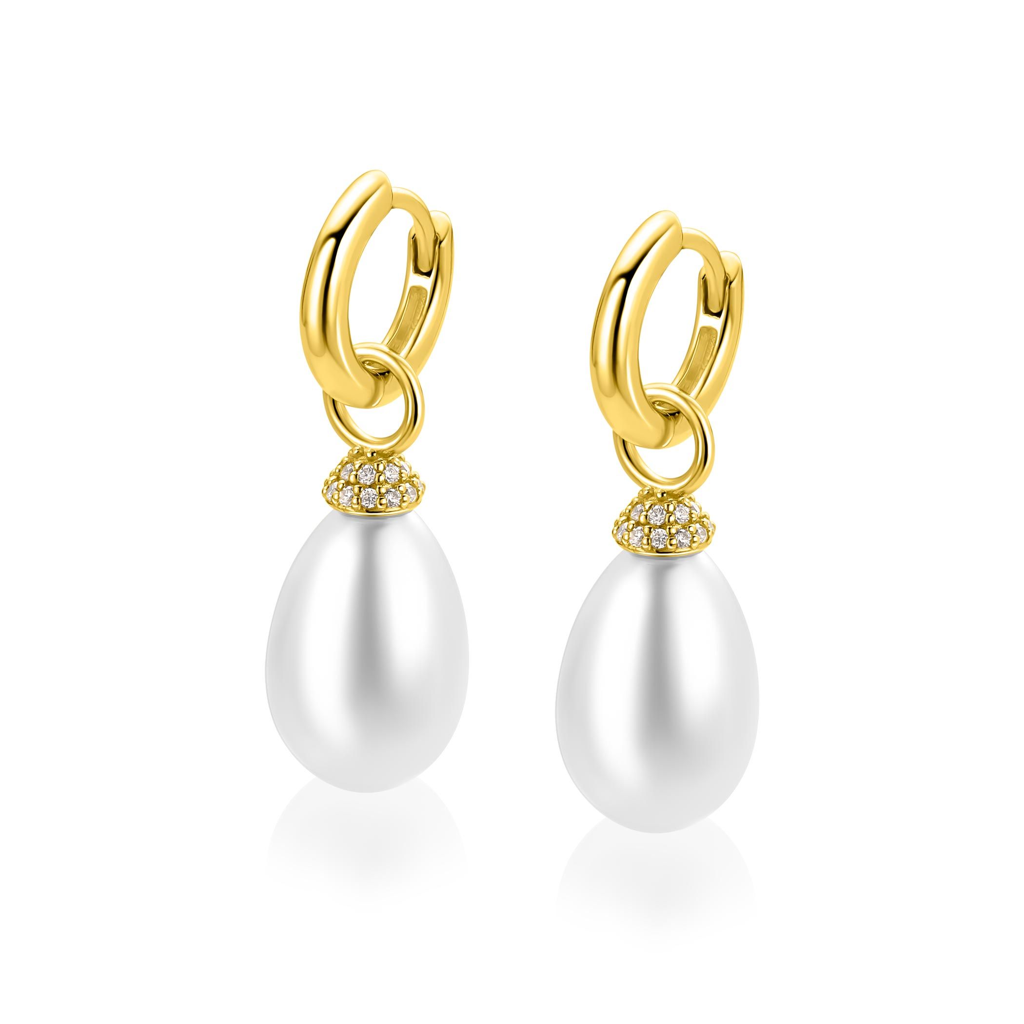 18mm ZINZI goldplated zilveren oorbedels met ovaalvormige witte parel en pavé gezette top met witte zirkonia’s ZICH2822Y (zonder oorringen)