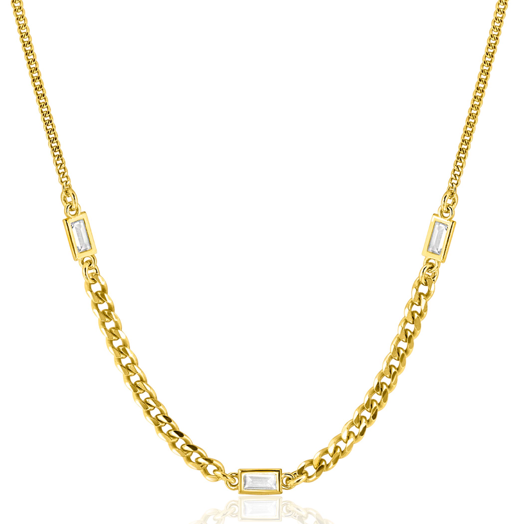 ZINZI gold plated zilveren ketting met gourmet schakels in verschillende breedtes, gecombineerd met drie rechthoekige baguette geslepen zirconia's 42-45cm ZIC2410