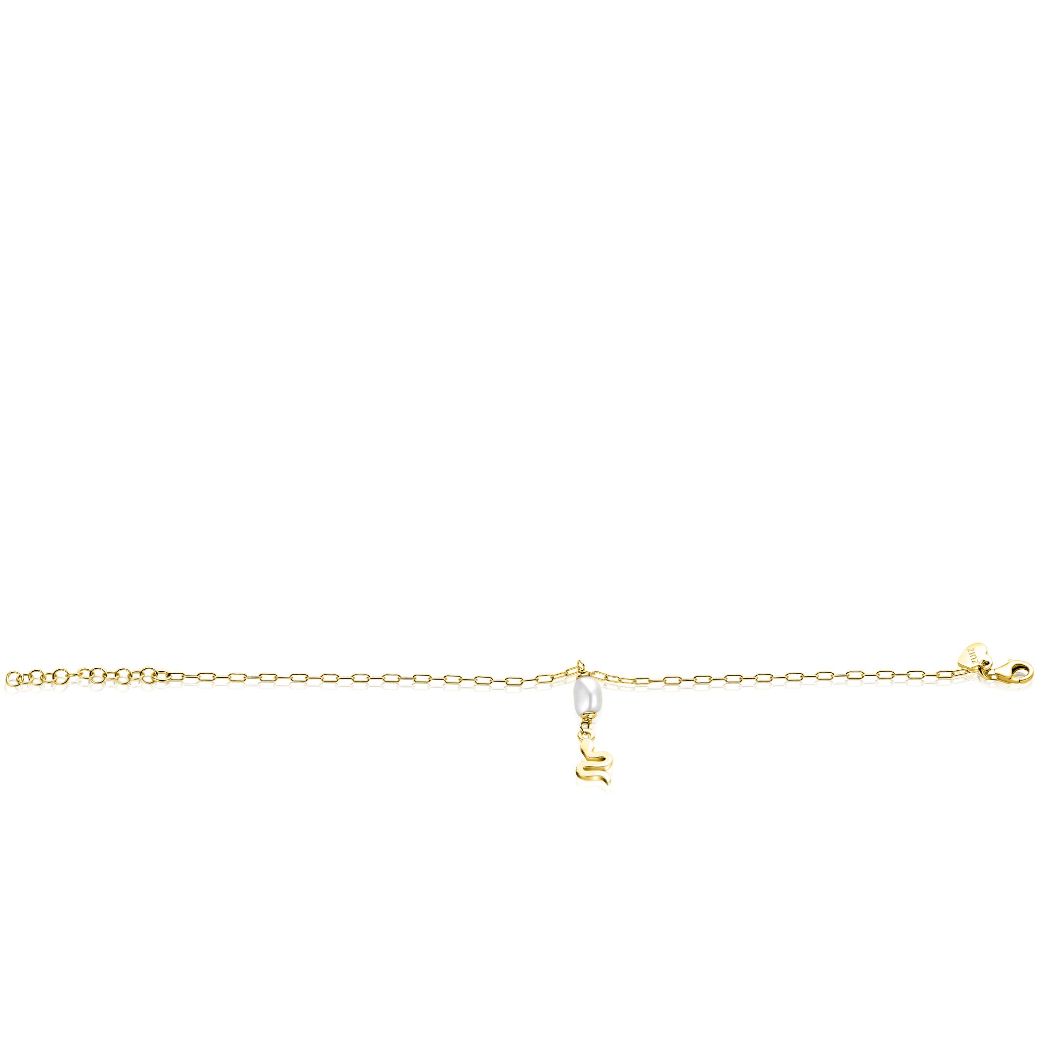 ZINZI gold plated zilveren paperclip schakelarmband met witte zoetwaterparel en slang ZIA2761