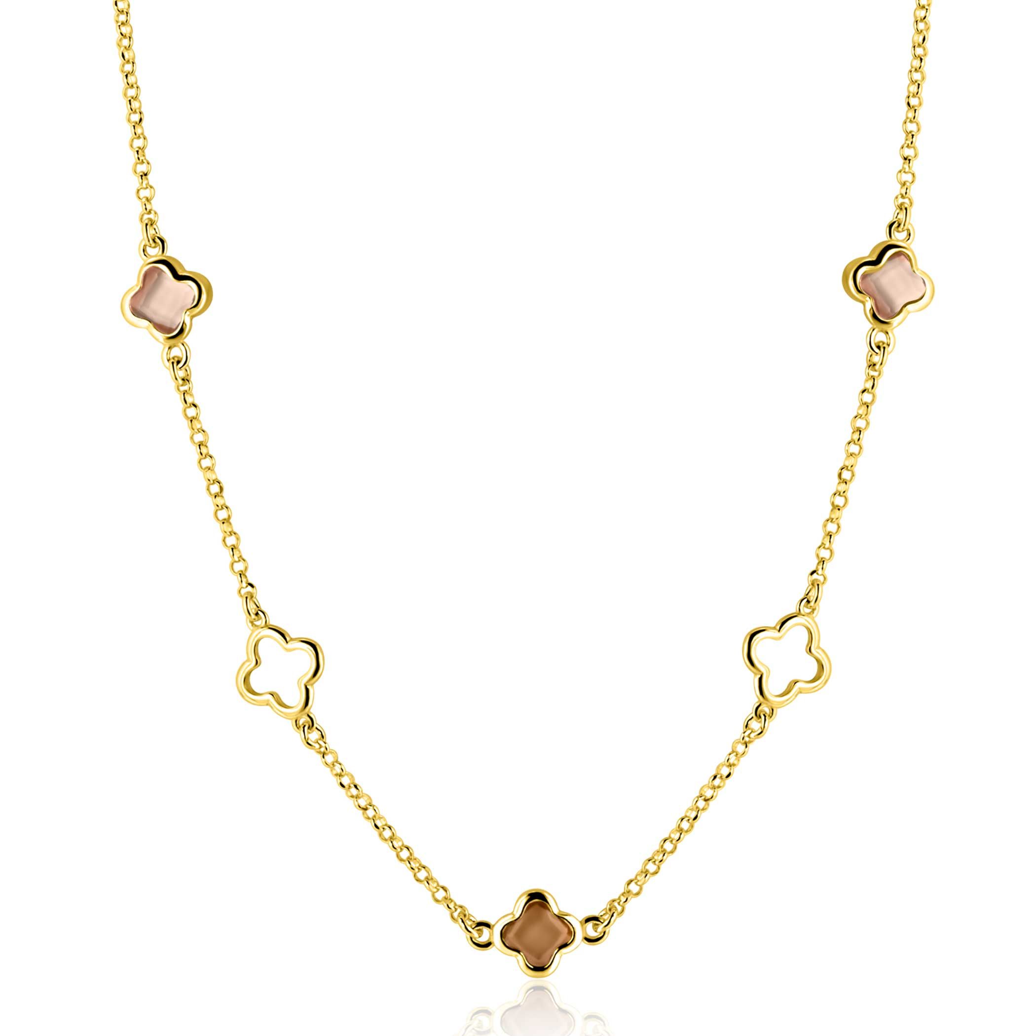 ZINZI gold plated zilveren collier 45cm met drie klavervormige zettingen met bruine kleurstenen ZIC2772