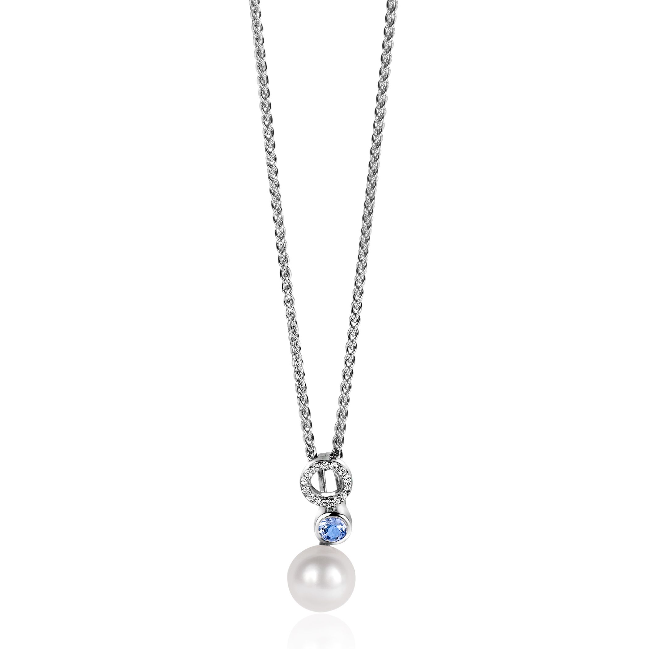 20mm ZINZI zilveren hanger met witte parel, ronde lichtblauwe kleursteen en open rondje bezet met witte zirconia's ZIH2442 (zonder collier)
