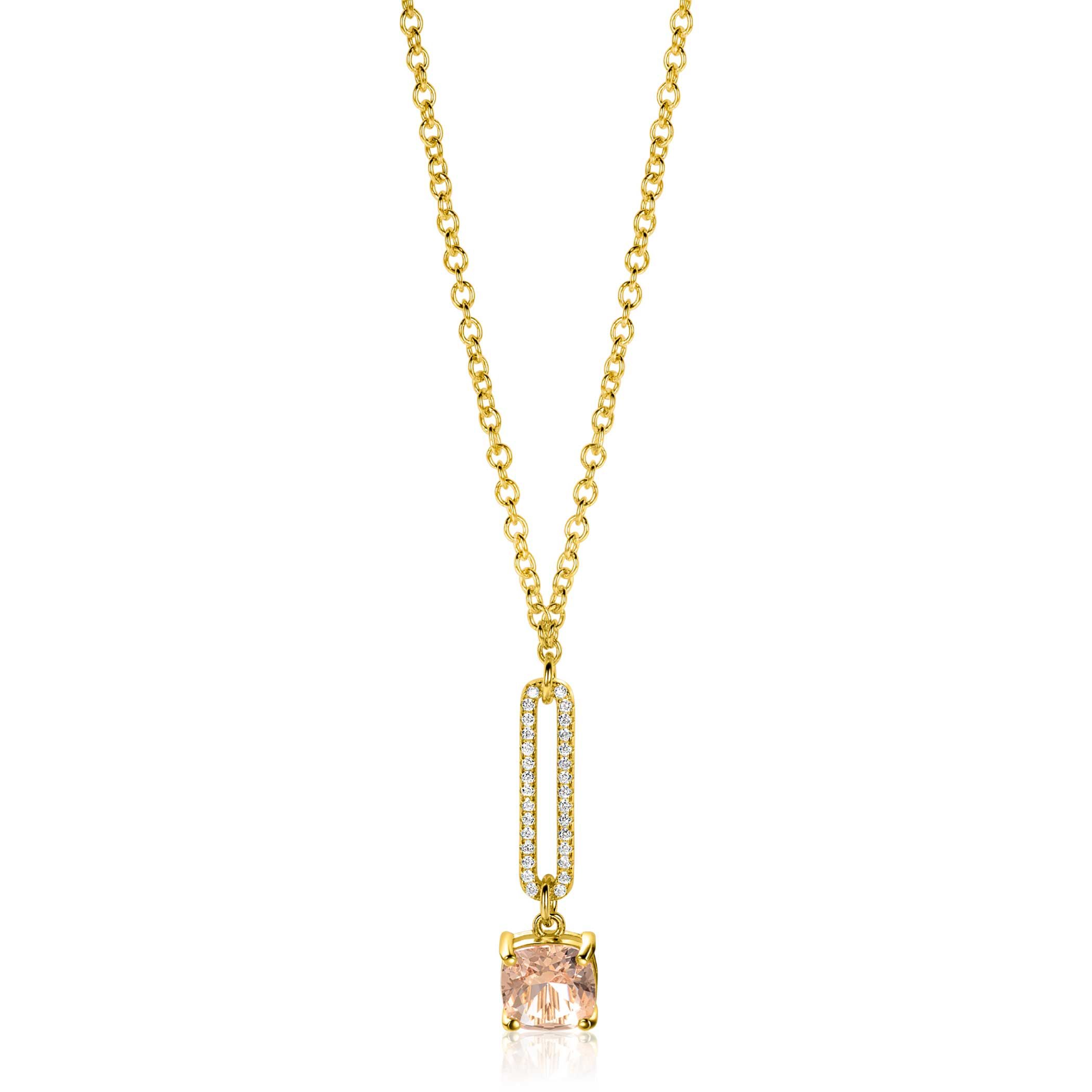 ZINZI gold plated zilveren jasseron ketting met schitterende open ovale vorm en vierkante hanger in licht roze 42-45cm ZIC2579
