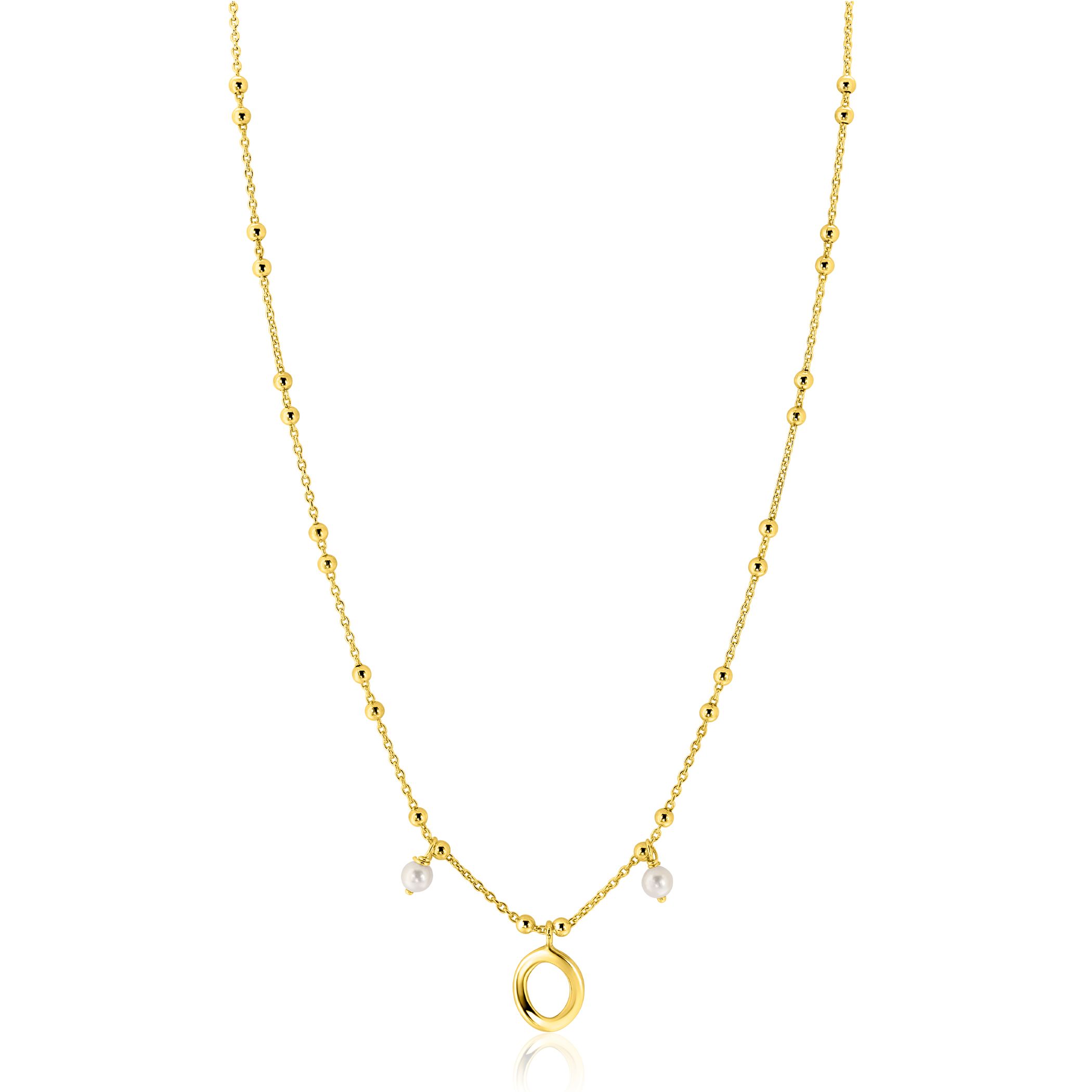 ZINZI gold plated zilveren fantasie ketting met kleine bolletjes, twee bungelende witte pareltjes en organische open vorm in het midden 42-45cm ZIC2405