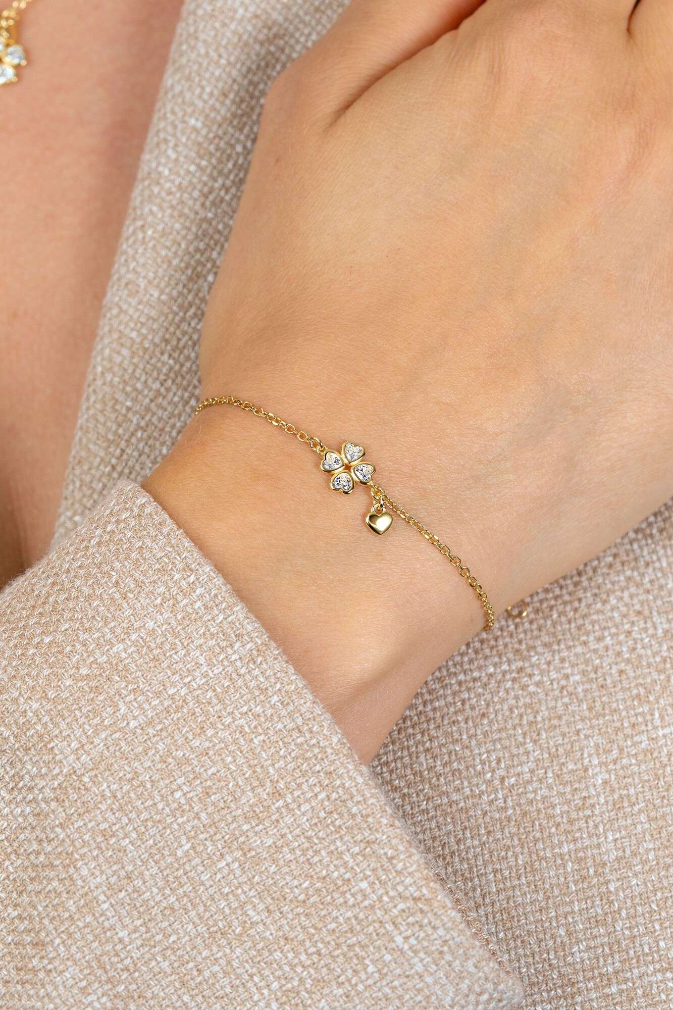 ZINZI goldplated zilveren schakelarmband met klavertje vier en hartje hanger ZIA2783Y