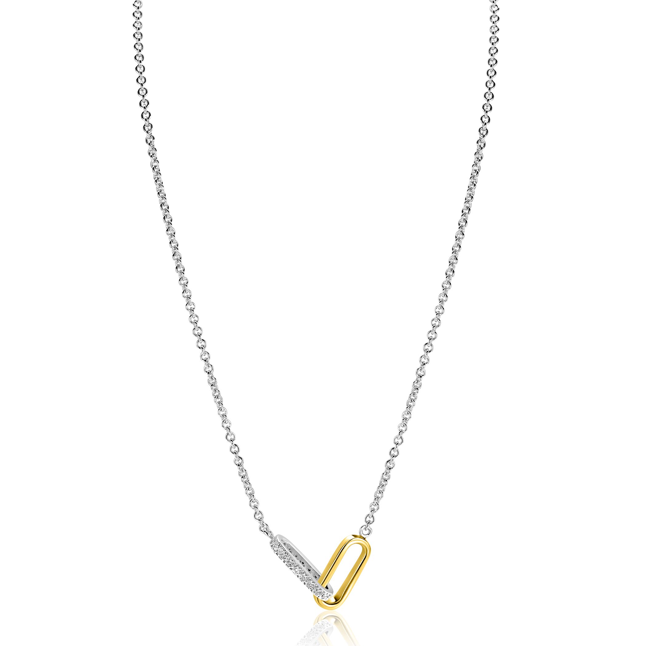ZINZI zilveren schakelketting met twee verbonden ovale schakels: één gold plated, de ander bezet met witte zirkonia's 42-45cm ZIC2758