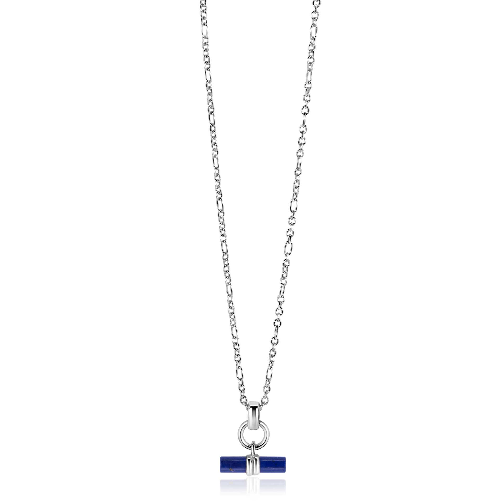 ZINZI zilveren ketting 43-45cm met trendy kapittelstokje (T-bar) bezet met lapis lazuli als hanger ZIC2478
