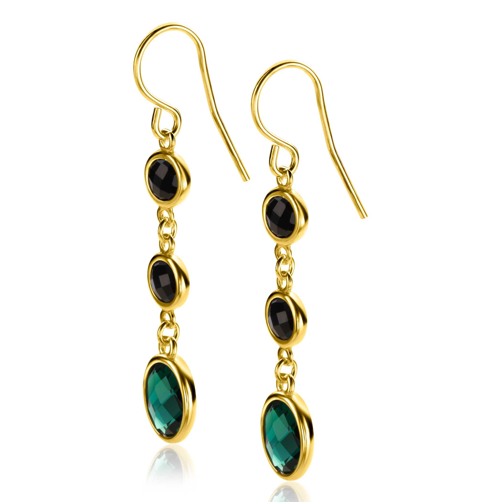ZINZI gold plated zilveren lange oorhangers 50mm, bezet met twee ronde zwarte zirconia's en een grotere ovale groene kleursteen ZIO2389