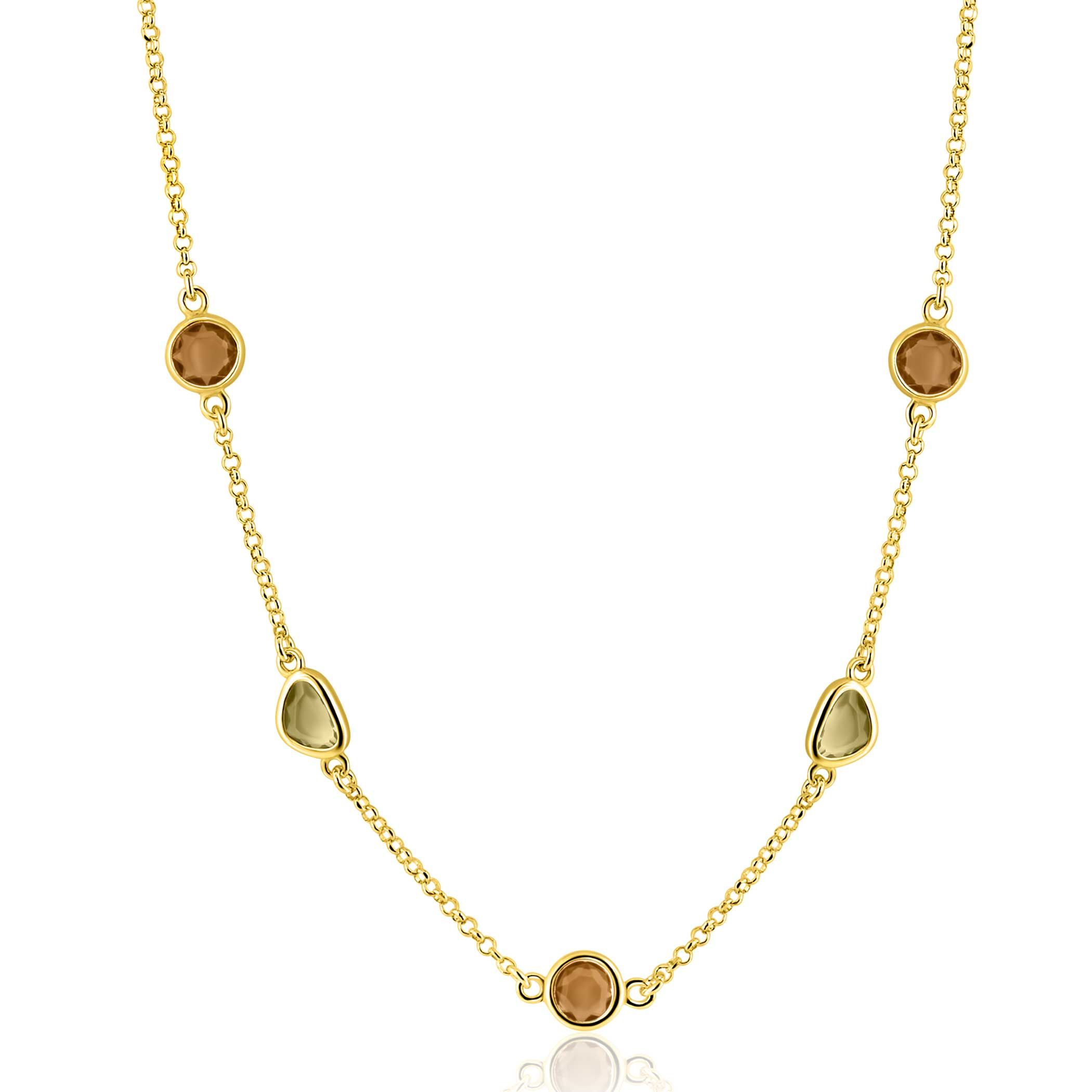 ZINZI gold plated zilveren collier 45cm met speelse vormen, bezet met bruine en olijfgroene kleurstenen ZIC2770