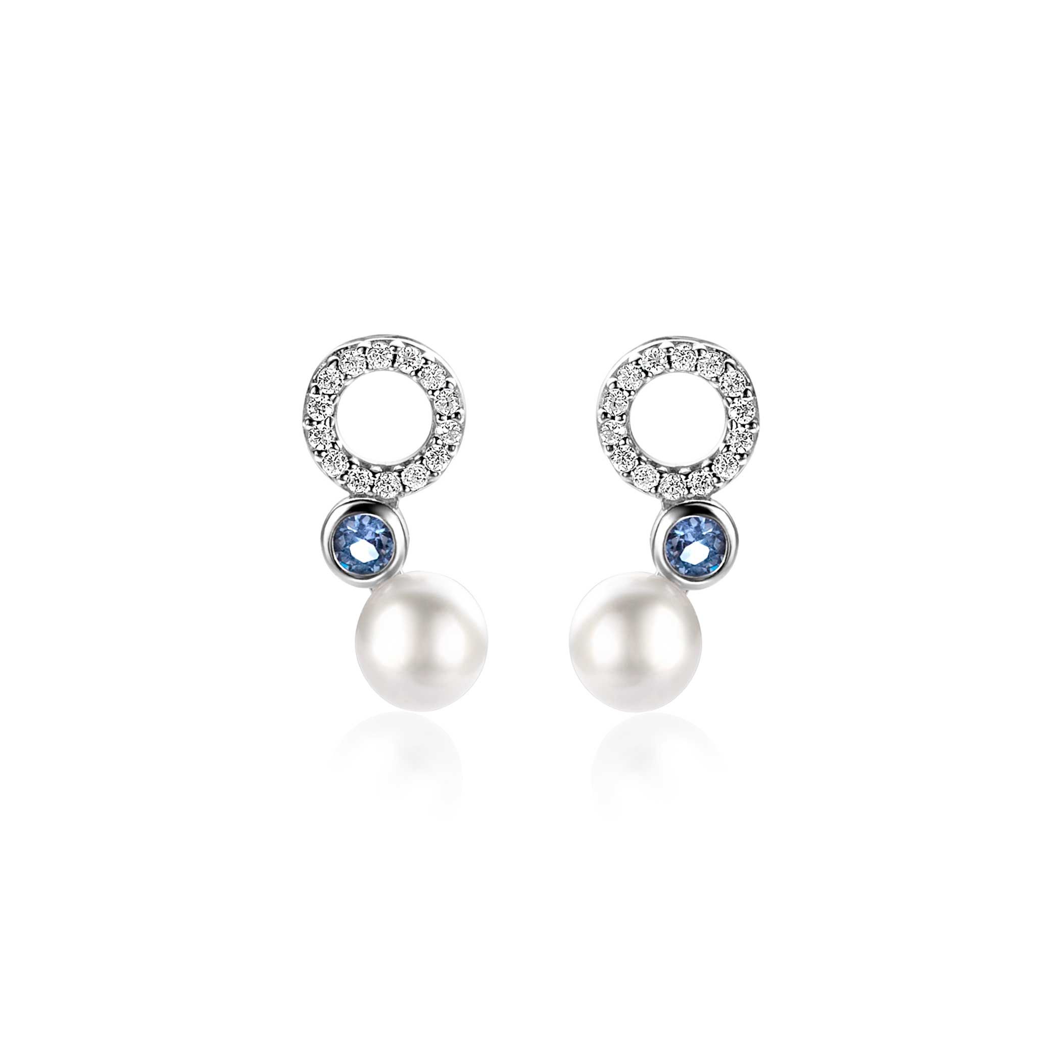 15mm ZINZI zilveren oorstekers met witte parel, ronde lichtblauwe kleursteen en open rondje bezet met witte zirconia's ZIO2442