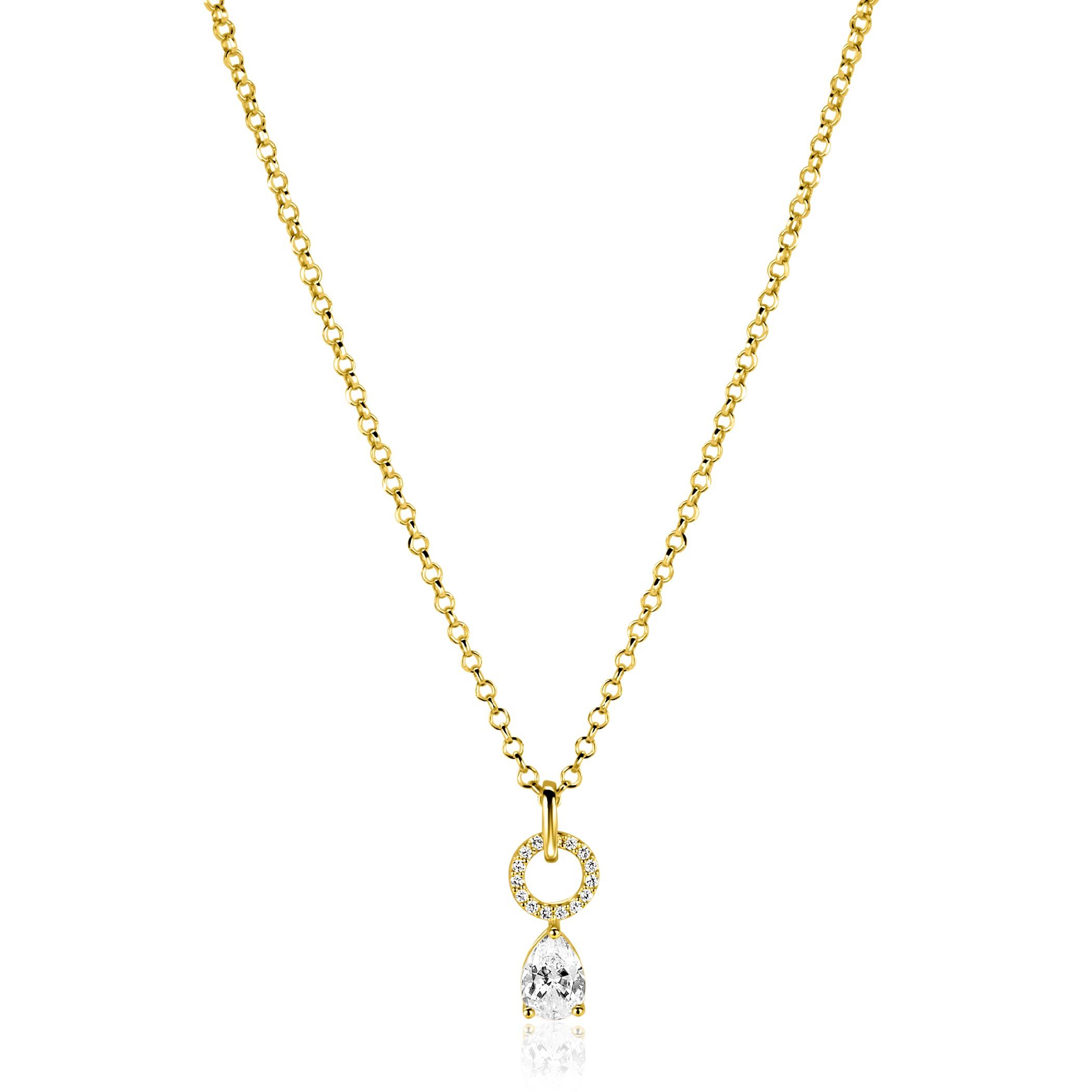 ZINZI gold plated zilveren ketting 45cm met open rondje witte zirconia's en peervormige hanger ZIC2796