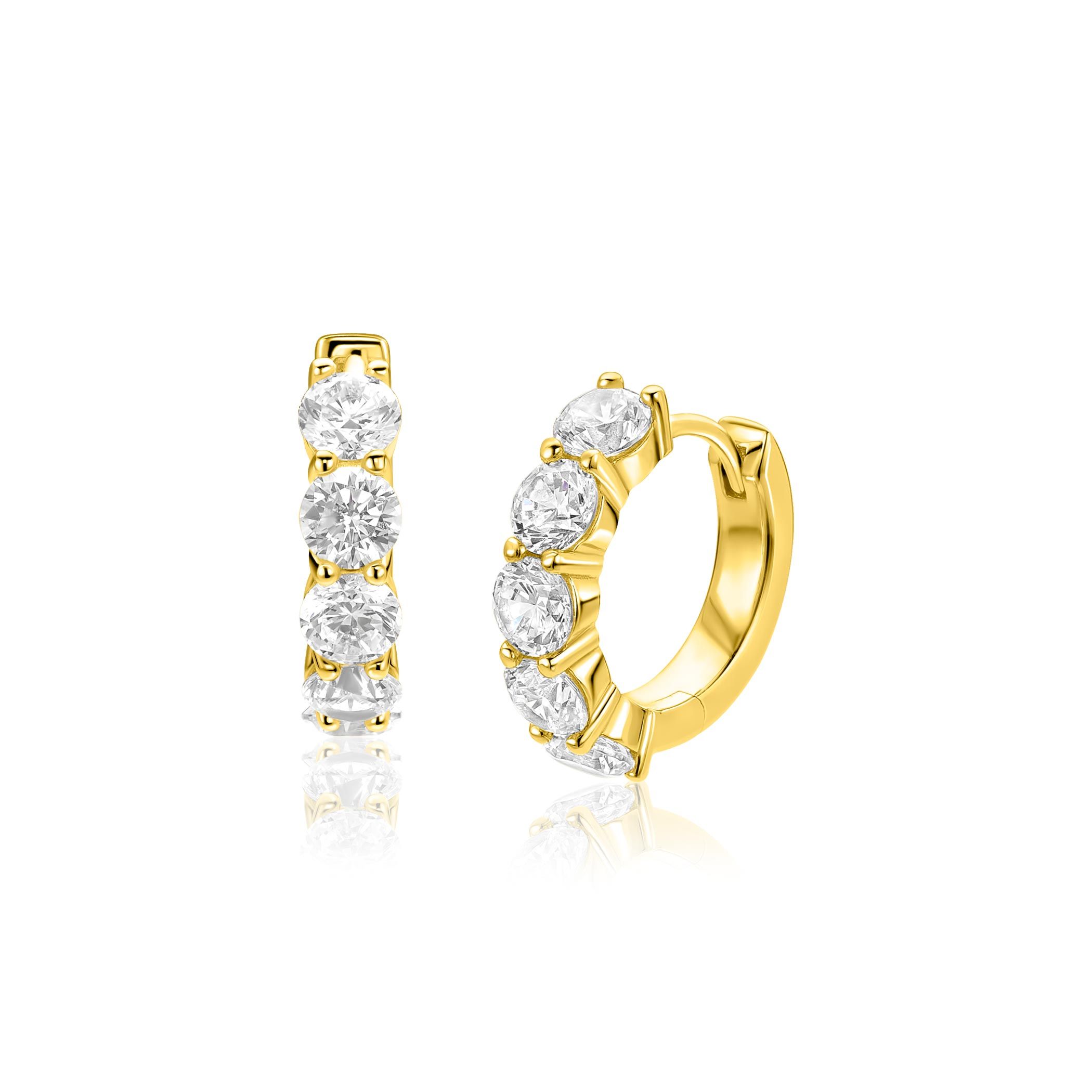 16mm ZINZI goldplated zilveren tennis oorringen bezet met vijf ronde witte zirkonia's, 4mm buisdikte en luxe klapsluiting ZIO2808