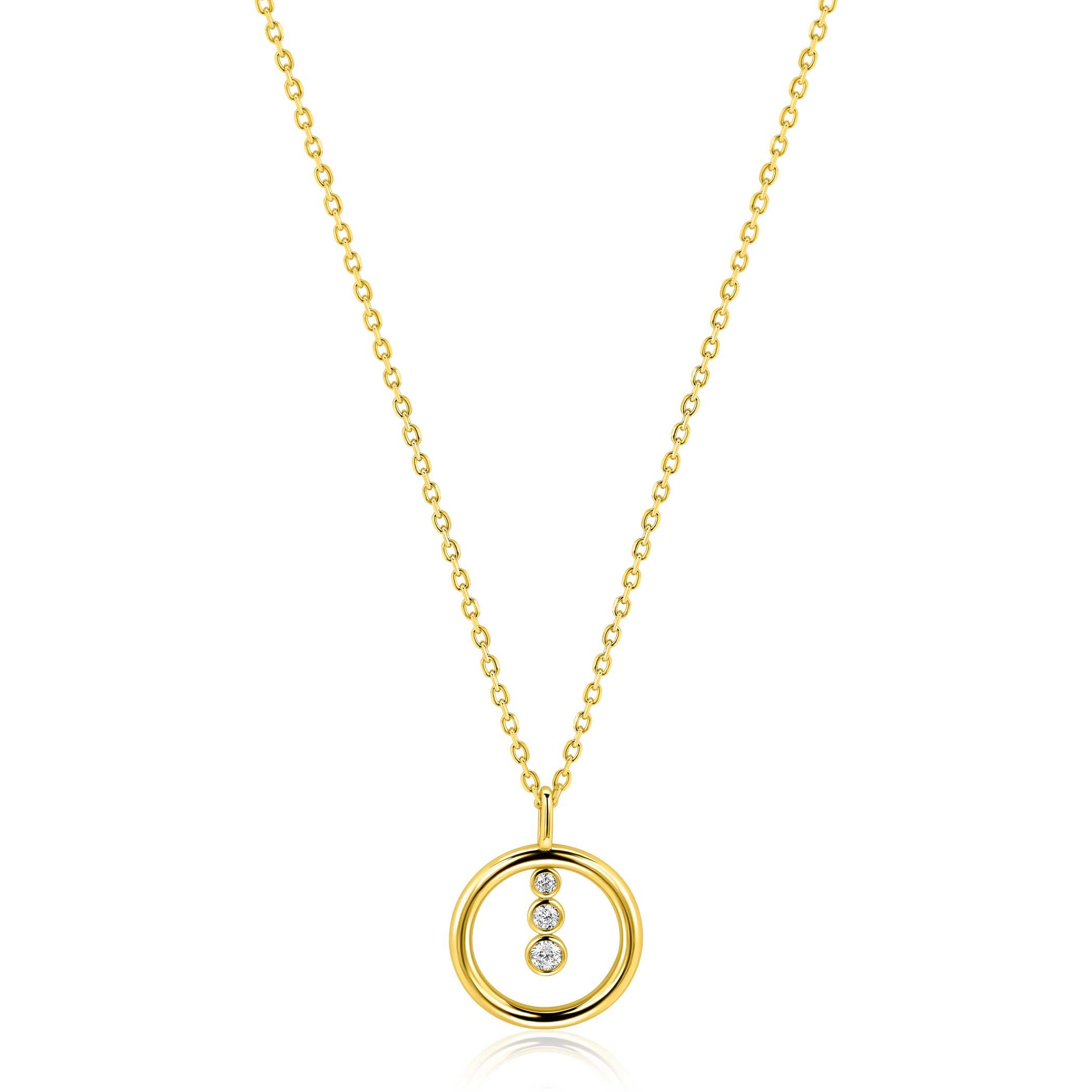 ZINZI gold plated zilveren ketting 45cm met ronde hanger en drie fonkelende witte zirkonia's ZIC2820Y