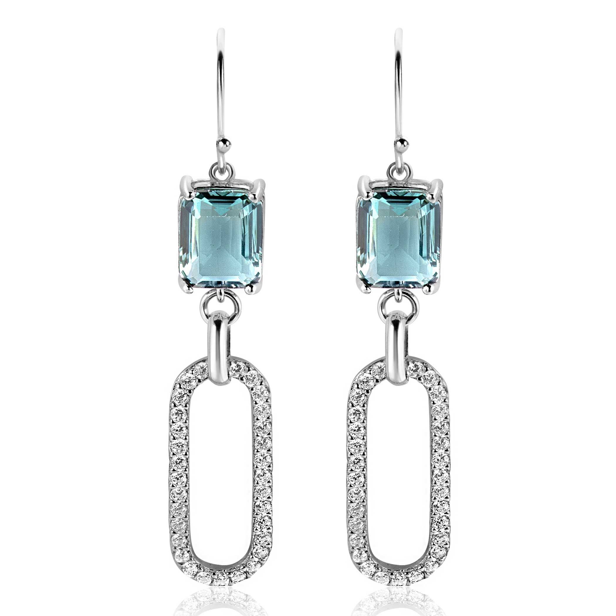 58mm ZINZI zilveren oorhangers met schitterende ovale schakel, bezet met witte zirconia's en groenachtig blauwe (petrol) kleursteen in vierpootszetting ZIO2487L