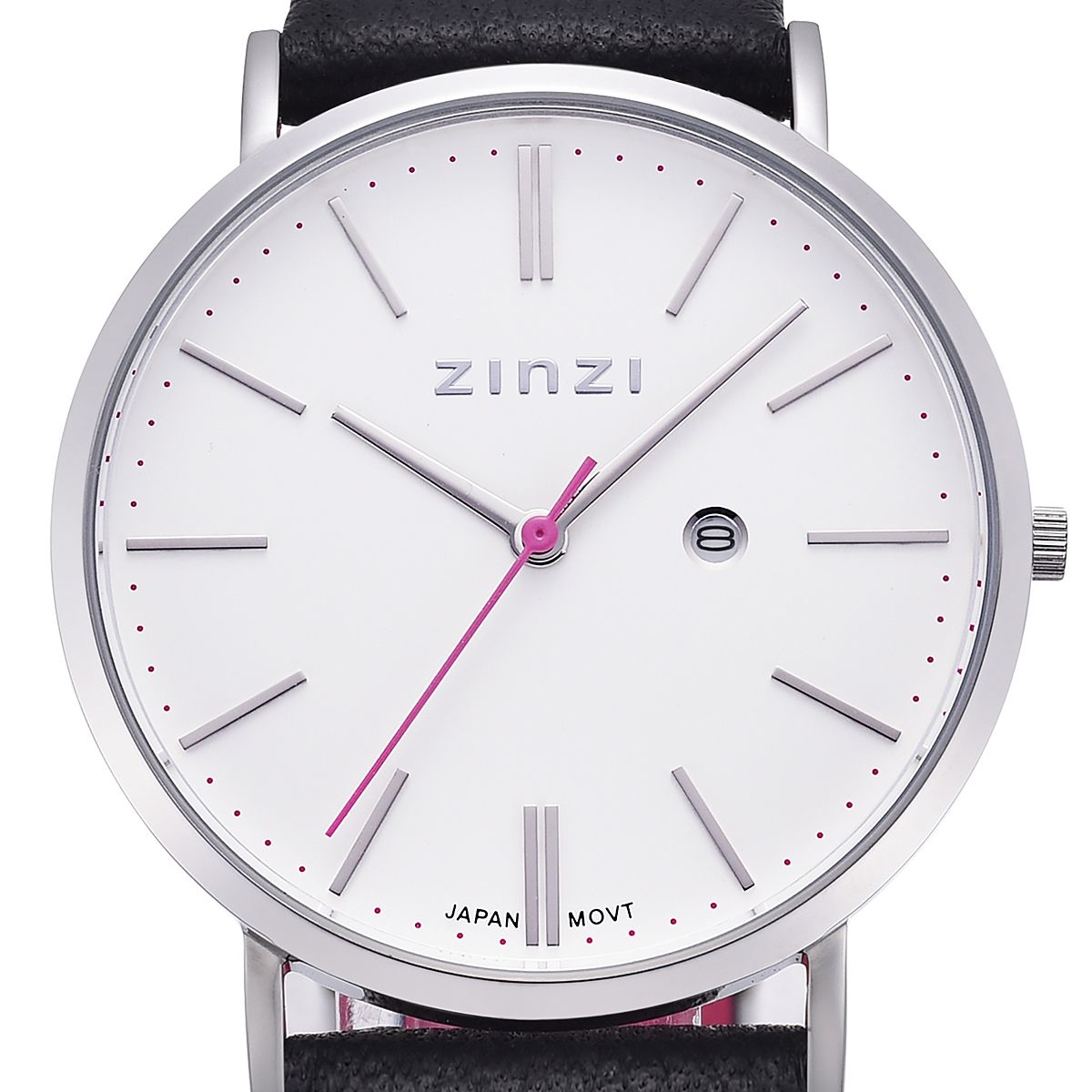 Zinzi Retro horloge witte wijzerplaat stalen kast lerenband zwart 38mm extra dun ZIW406
