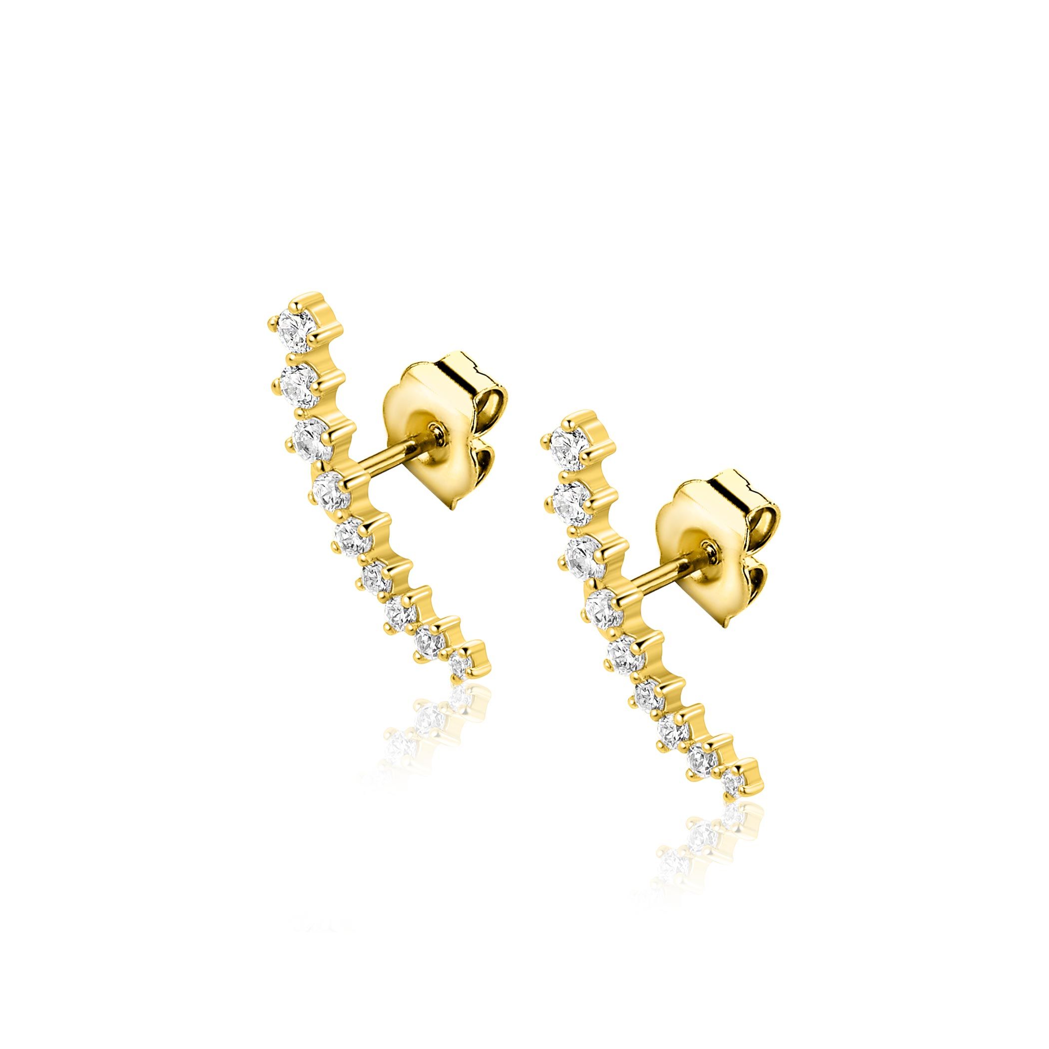 15mm ZINZI goldplated zilveren oorstekers met asymmetrische curve bezet met negen witte zirkonia's ZIO2818