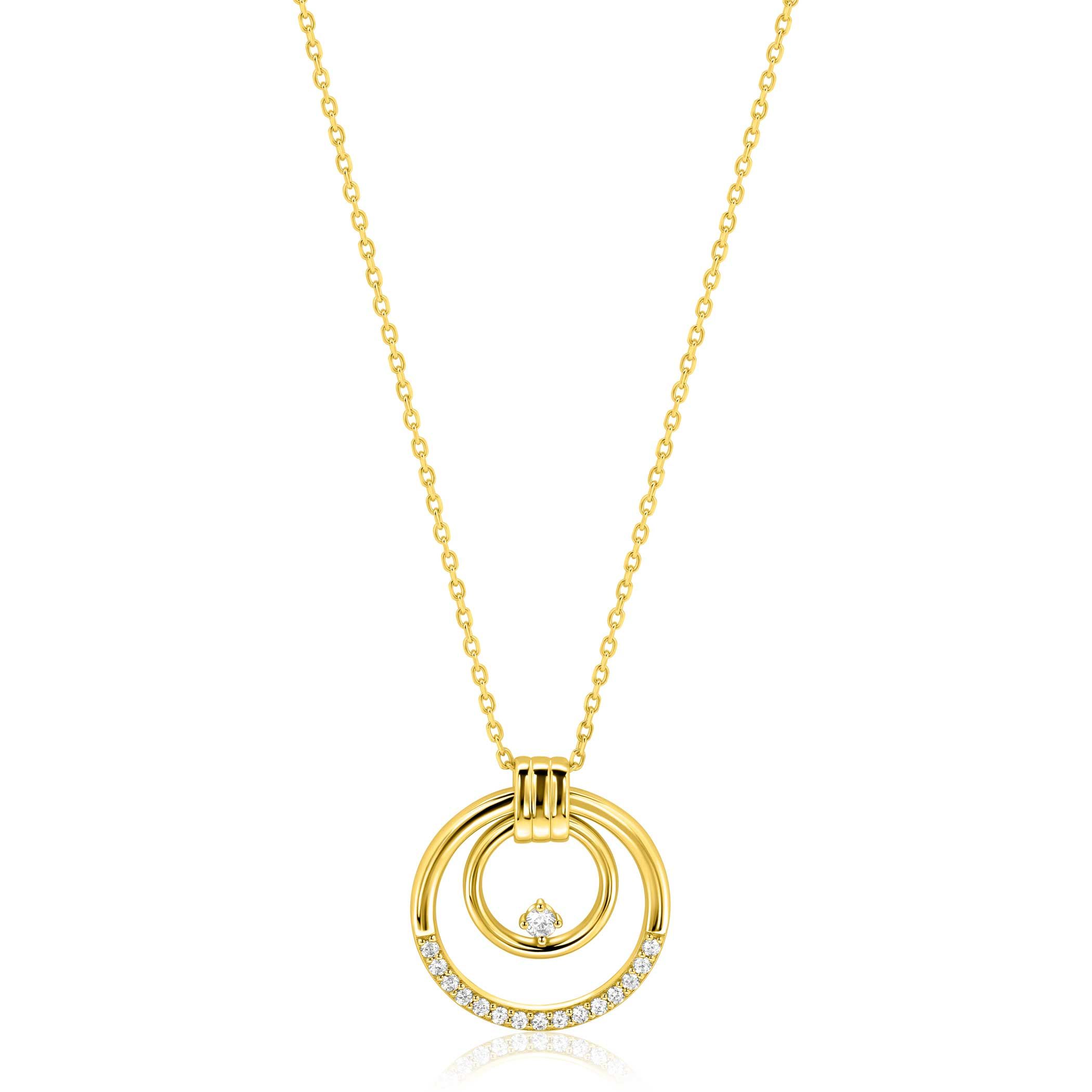 ZINZI goldplated zilveren ketting 45cm met elegante dubbele ronde hanger (24mm) speels bezet met witte zirkonia's ZIC2819