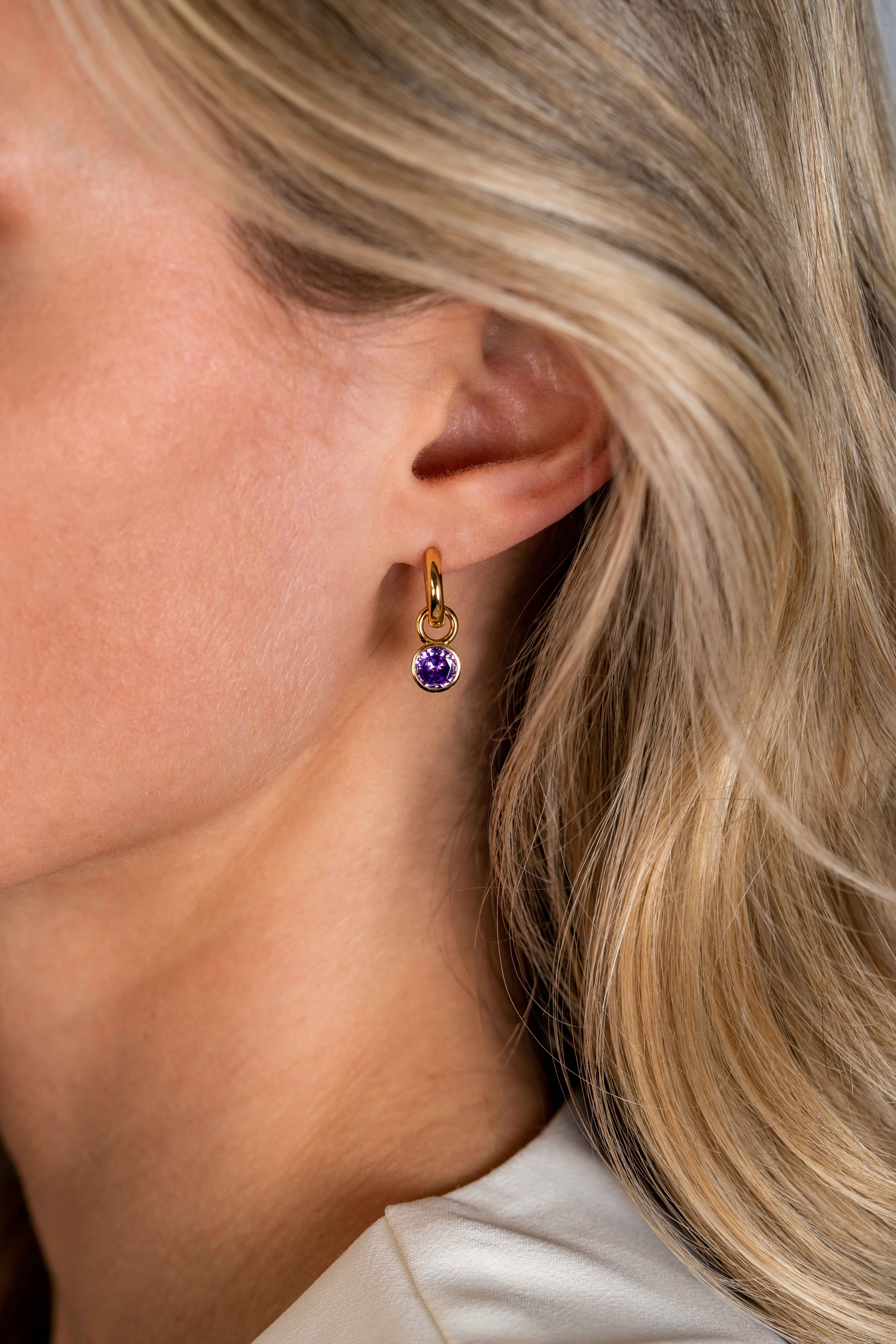 FEBRUARI oorbedels gold plated met geboortesteen paars amethist zirconia (excl. oorringen)
