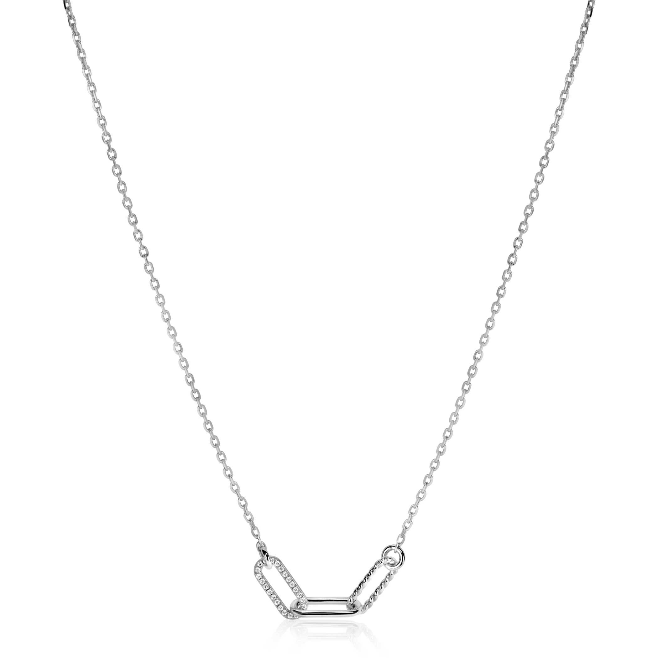 ZINZI zilveren schakel ketting 45cm met drie paperclip schakels, glad bewerkt witte zirconia's ZIC2330