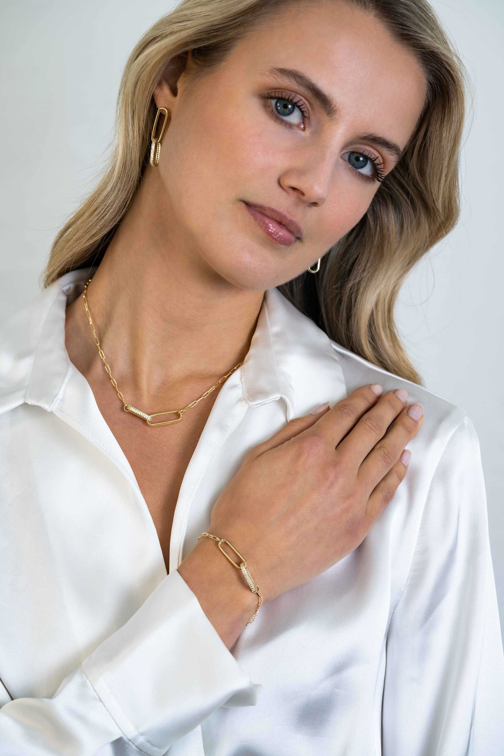 ZINZI gold plated zilveren schakel armband  met 2 grote ovale schakels, bezet met witte zirconia ZIA2371Y