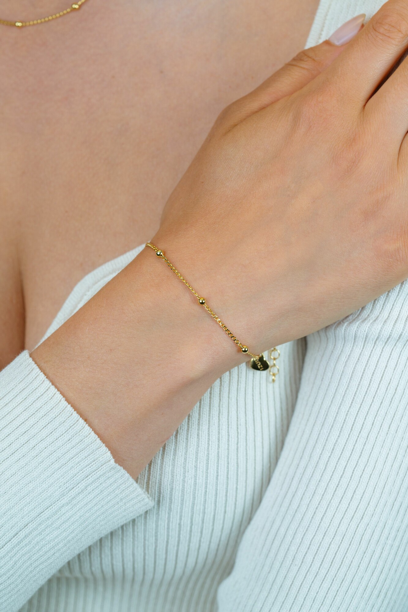 ZINZI gold plated zilveren gourmet schakelarmband met vijf glanzende bolletjes (3mm breed) ZIA2714GA