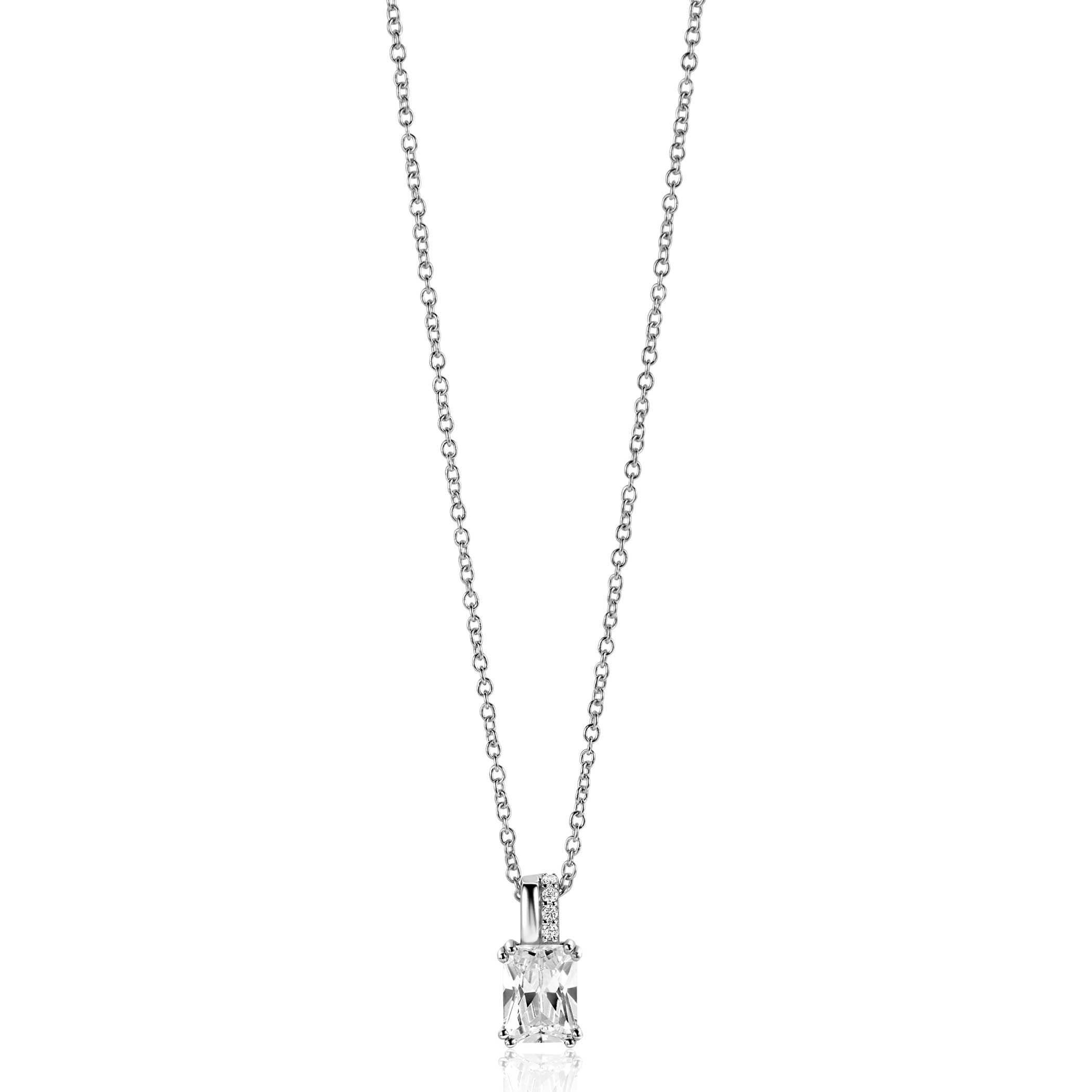 ZINZI zilveren hanger 14mm met rechthoekige witte zirconia en luxe hangoog ZIH2392 (zonder collier)