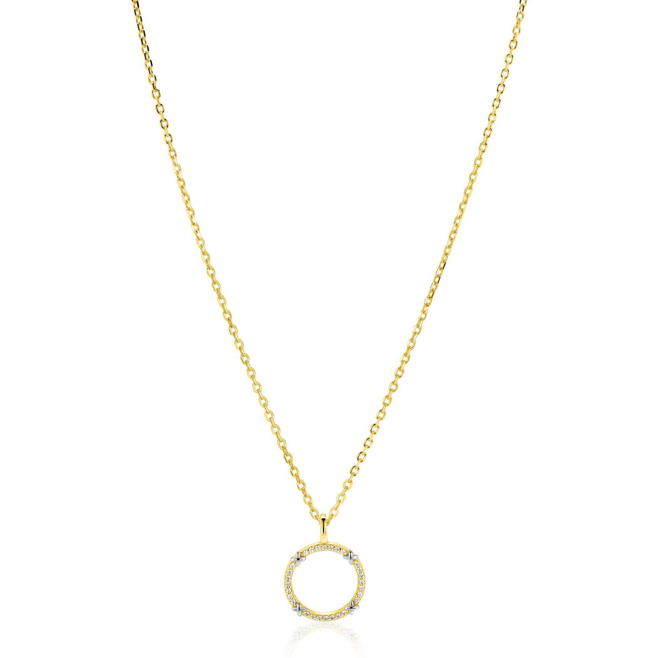 ZINZI goldplated zilveren ketting 45cm met open ronde hanger, verfraaid met X-details en witte zirkonia’s ZIC2814