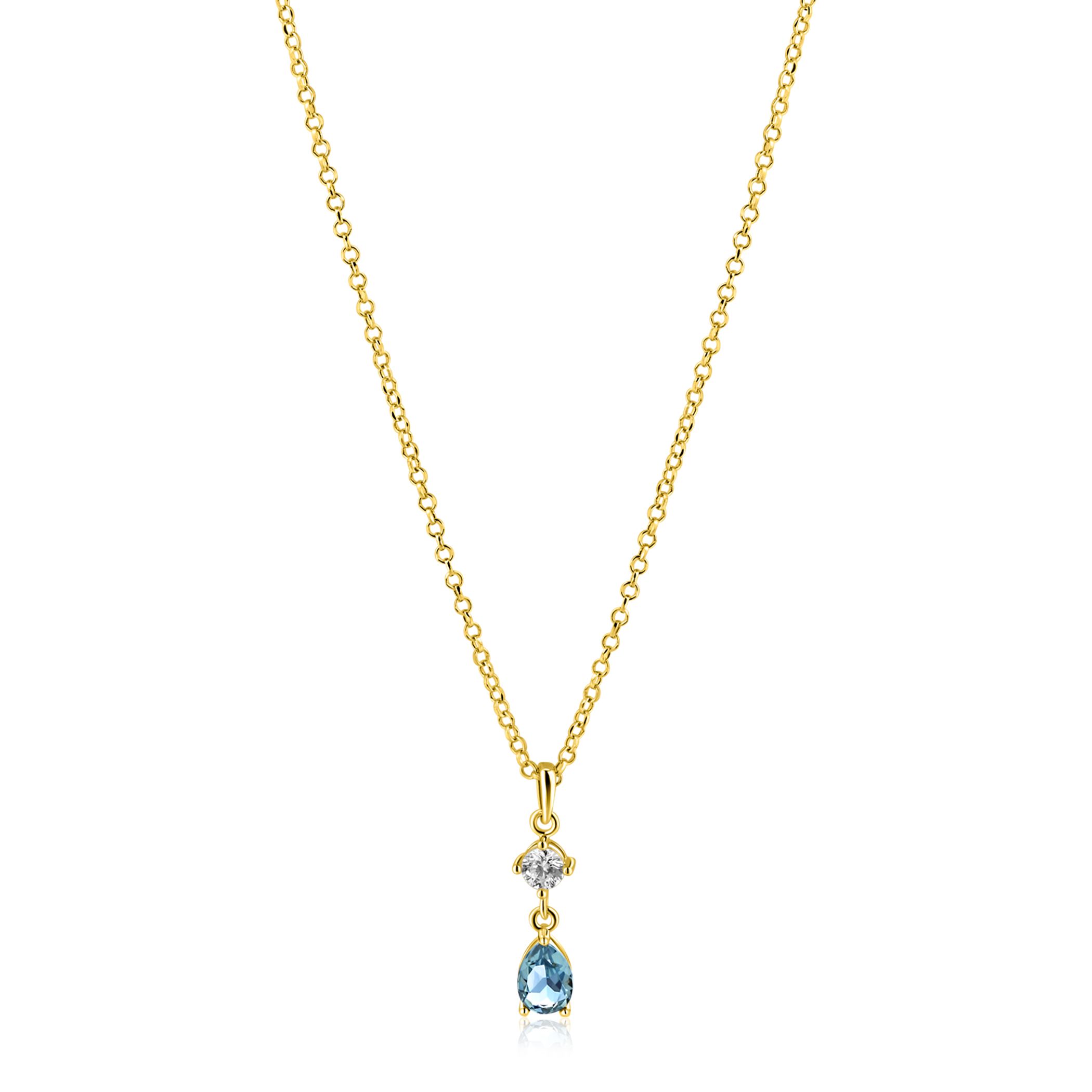 ZINZI gold plated zilveren ketting 42-45cm met luxe peervormige hanger met lichtblauwe kleursteen en witte zirkonia ZIC2744