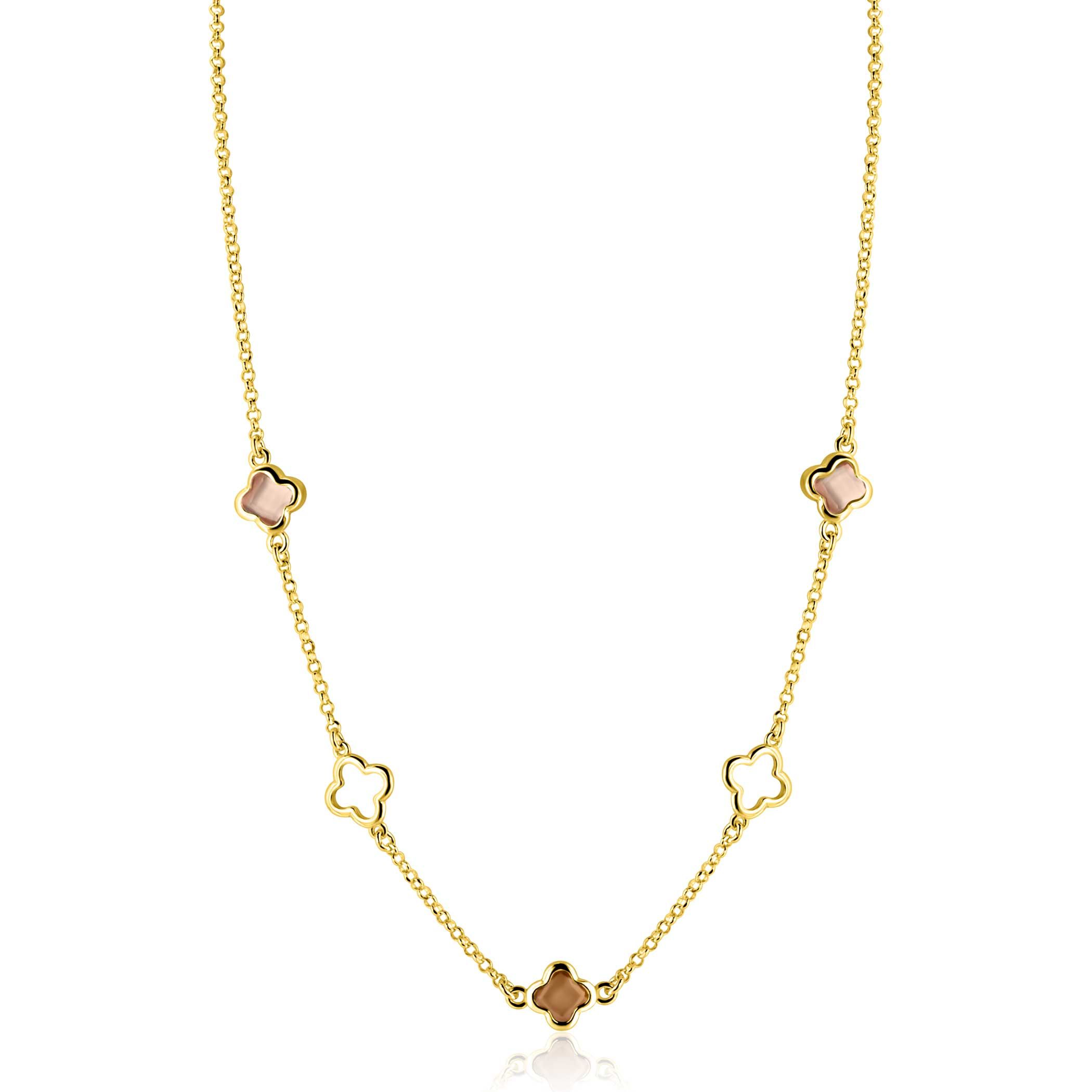 ZINZI gold plated zilveren collier 45cm met drie klavervormige zettingen met bruine kleurstenen ZIC2772