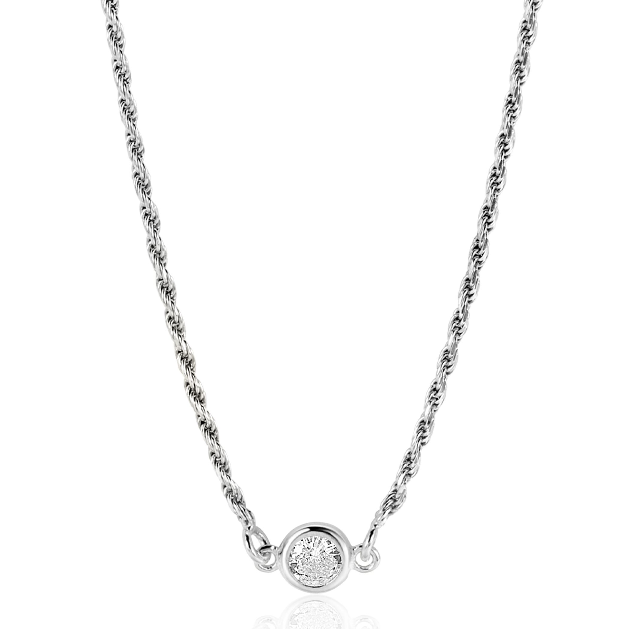 ZINZI zilveren koord ketting bezet met een ronde witte zirconia 40-45cm ZIC2461