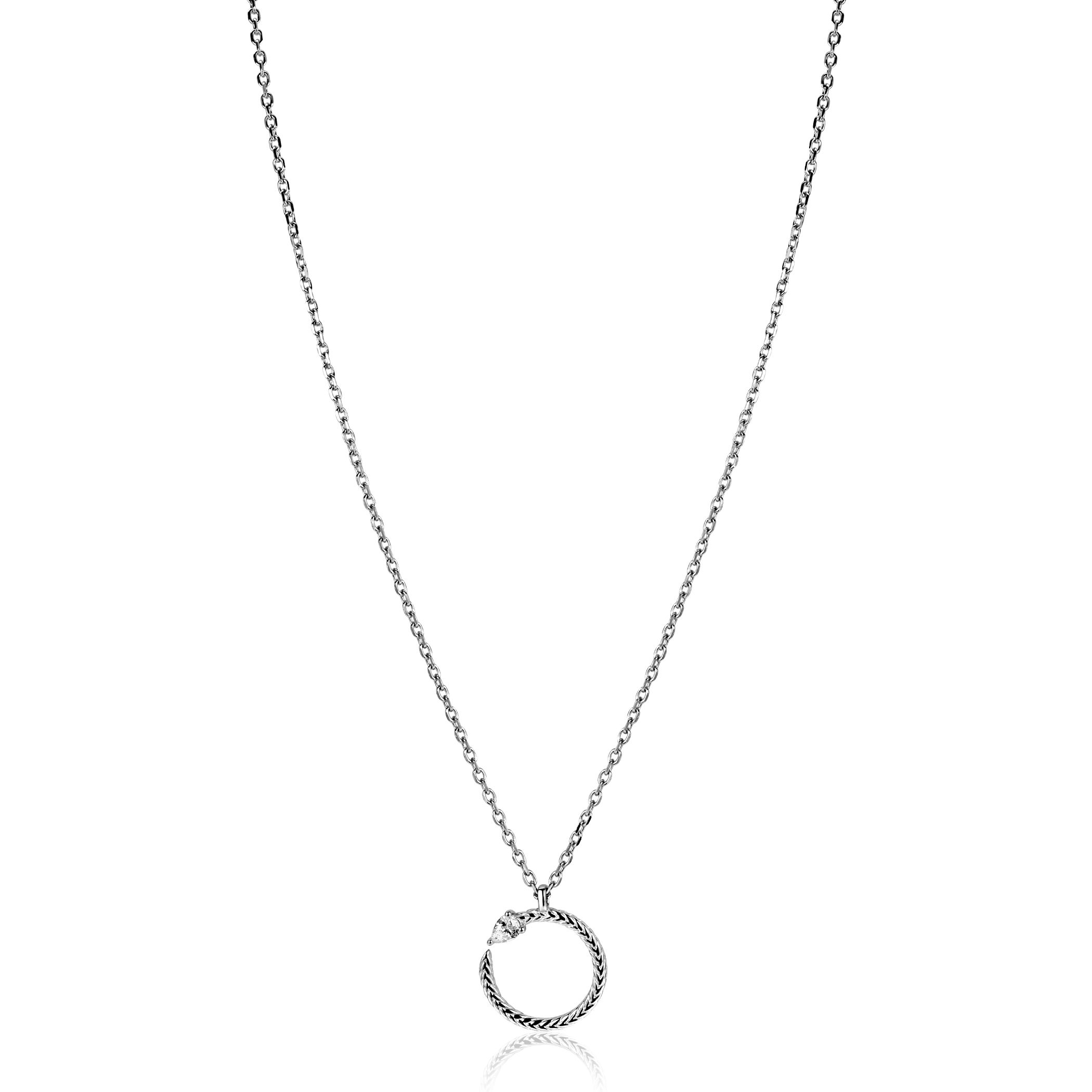 ZINZI zilveren ketting 42–45cm met ronde slang-hanger (15mm), bezet met peervormige witte zirkonia ZIC2722