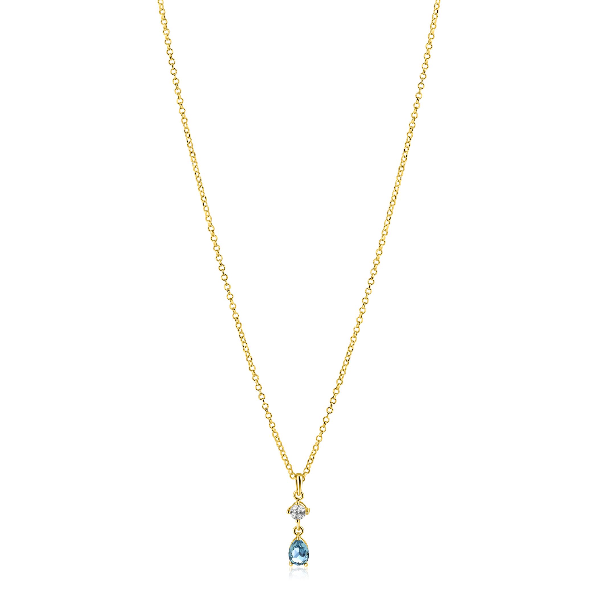 ZINZI gold plated zilveren ketting 42-45cm met luxe peervormige hanger met lichtblauwe kleursteen en witte zirkonia ZIC2744