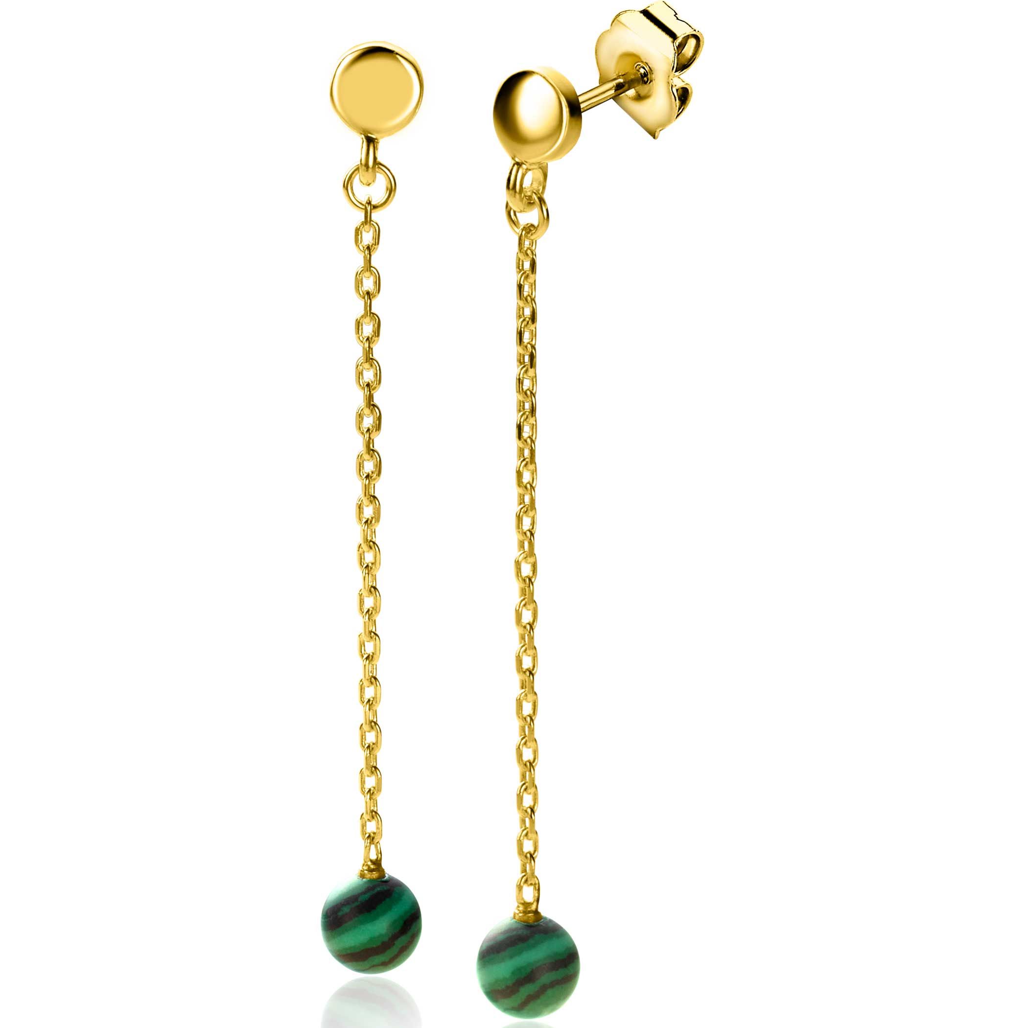 56mm ZINZI gold plated zilveren oorstekers met schakelkettinkje en bolletje van groene kleursteen ZIO-BF92