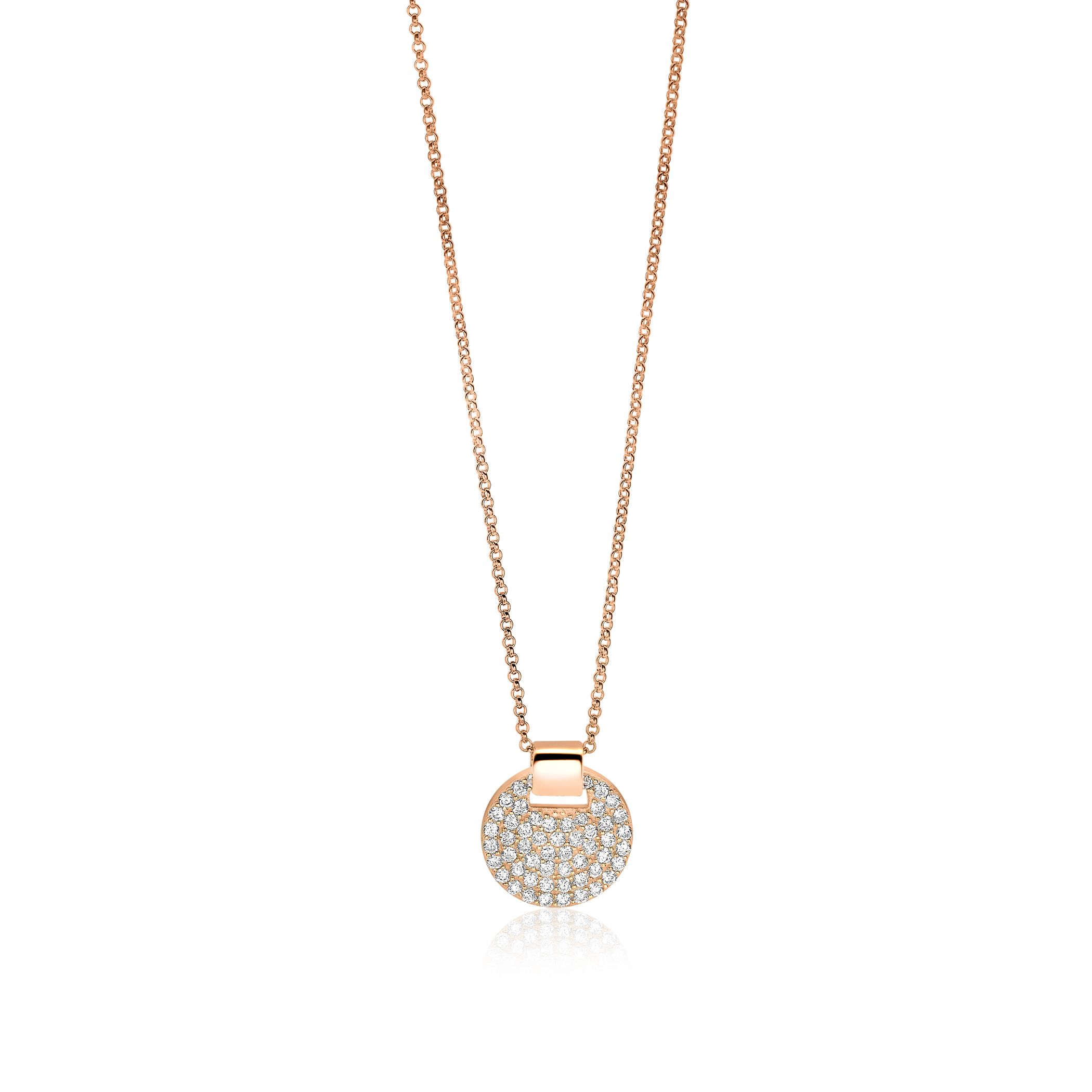 ZINZI zilveren ketting 45cm rosé verguld met hanger 17mm rond wit ZIC1592R