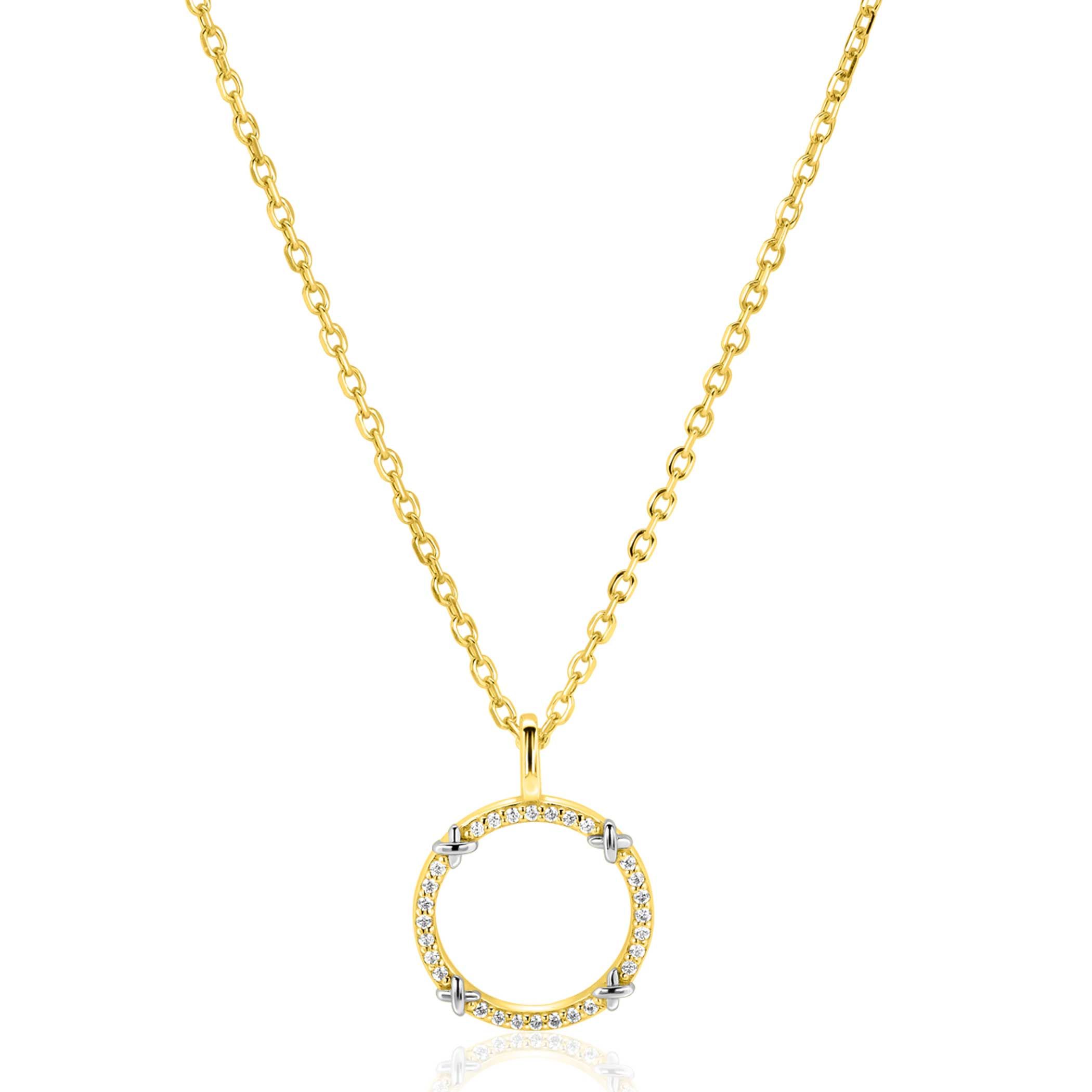 ZINZI goldplated zilveren ketting 45cm met open ronde hanger, verfraaid met X-details en witte zirkonia’s ZIC2814