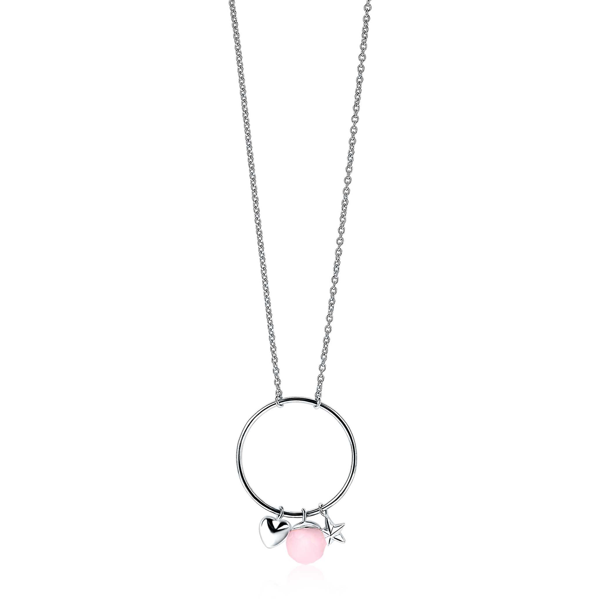 ZINZI zilveren ketting hartje rond ster roze 45cm ZIC1878