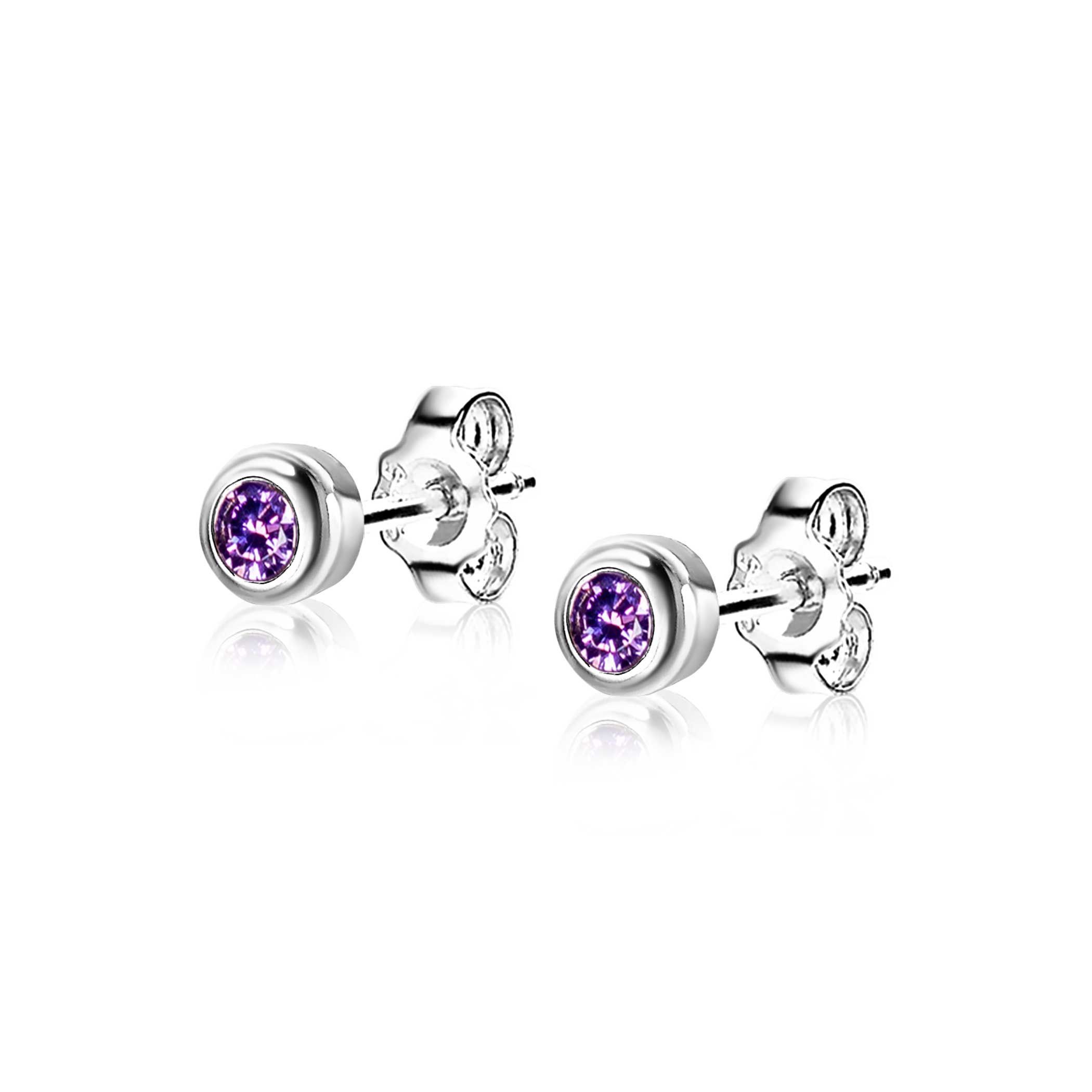 FEBRUARI oorknoppen 4mm zilver met geboortesteen paars amethist zirconia
