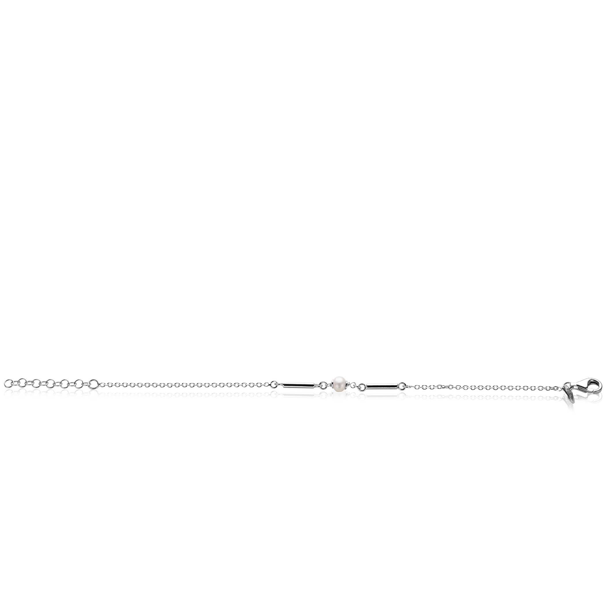 ZINZI zilveren schakel armband met twee glanzende staafjes en witte zoetwaterparel 17-20cm ZIA-BF108