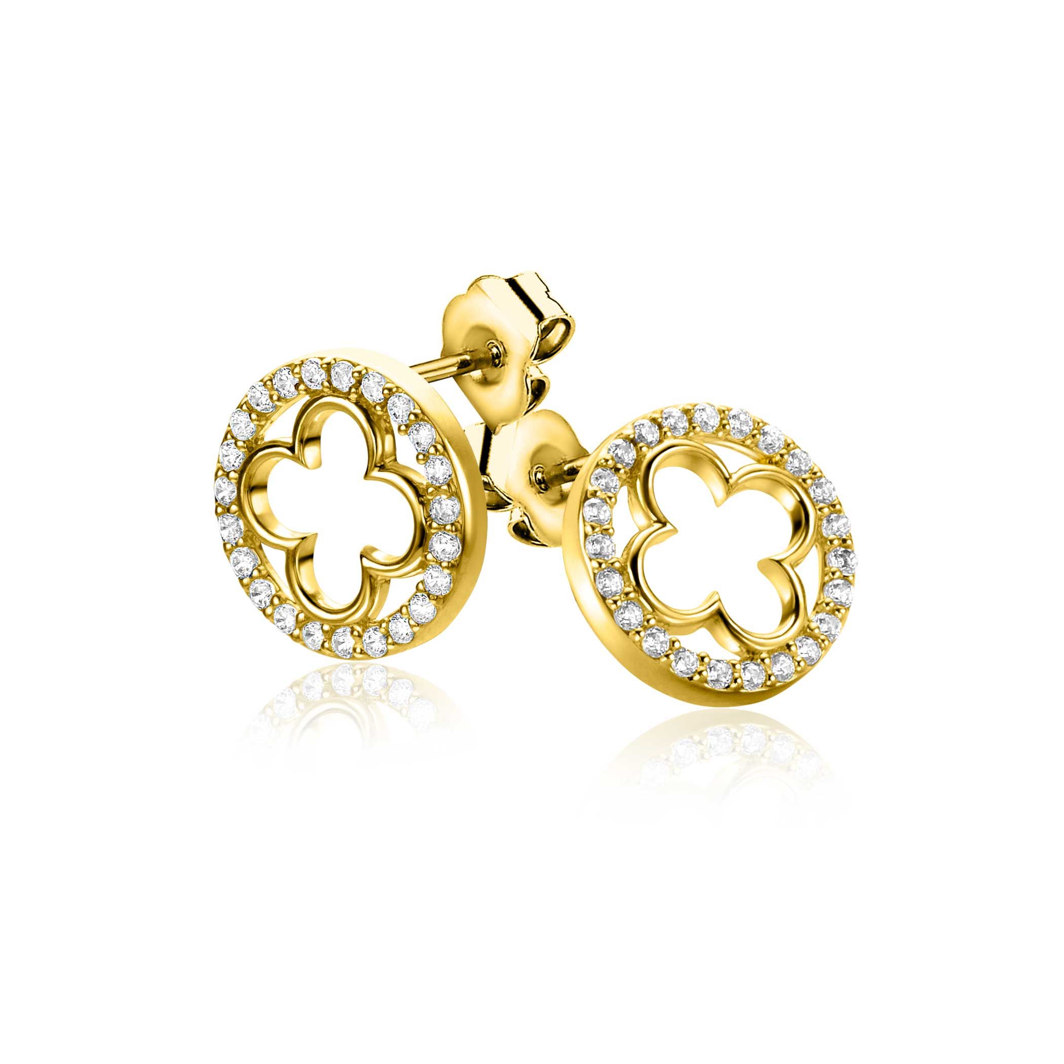 11mm ZINZI gold plated zilveren oorstekers klaver met ronde rand, bezet met witte zirkonia's  ZIO-BF116Y