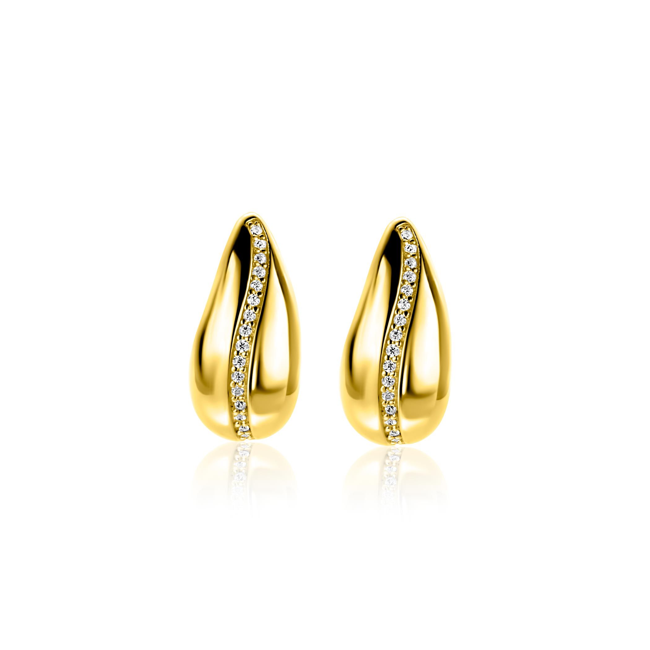 17mm ZINZI gold plated zilveren oorstekers in druppelvorm met golvende rij witte zirkonia's ZIO2707Y