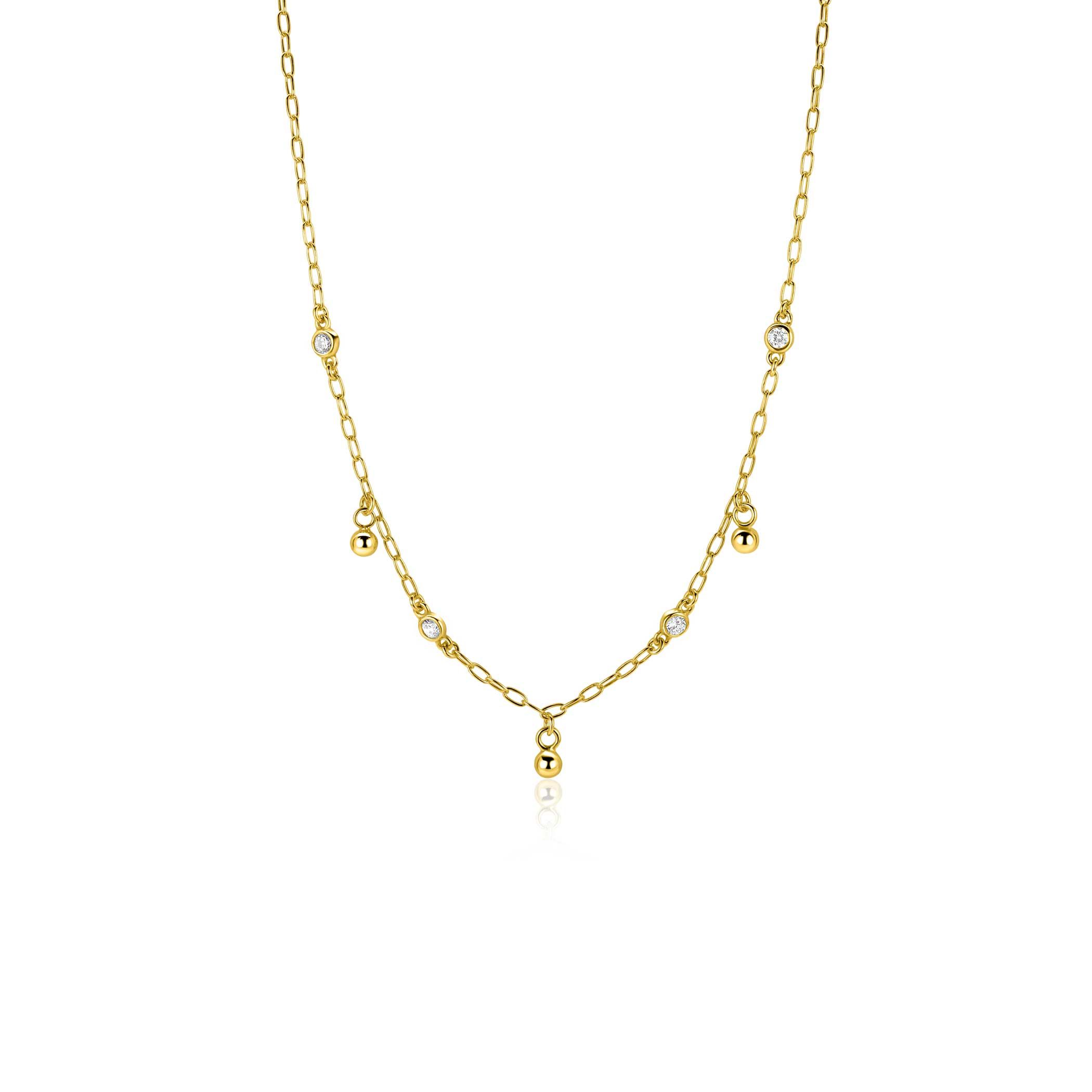 ZINZI gold plated zilveren schakelketting met vier witte zirkonia's en 3 ronde bolletjes, gelijkmatig verdeeld over de ketting 42-45cm ZIC2658