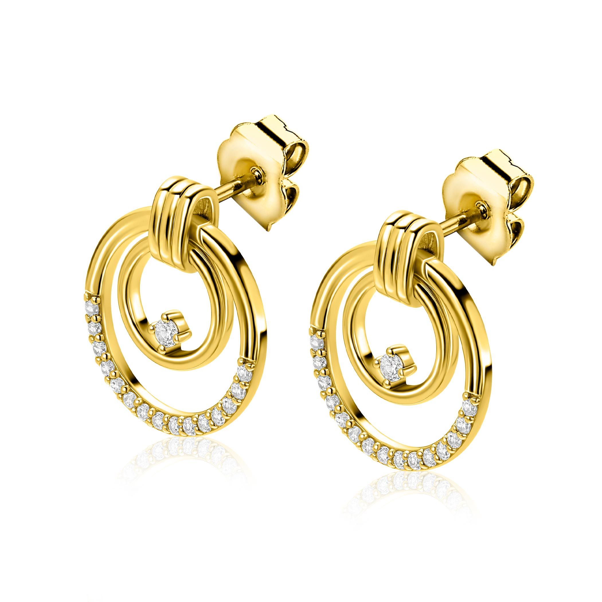21mm ZINZI goldplated zilveren luxe oorstekers met elegante dubbele ronde ringen, speels bezet met witte zirkonia's ZIO2819