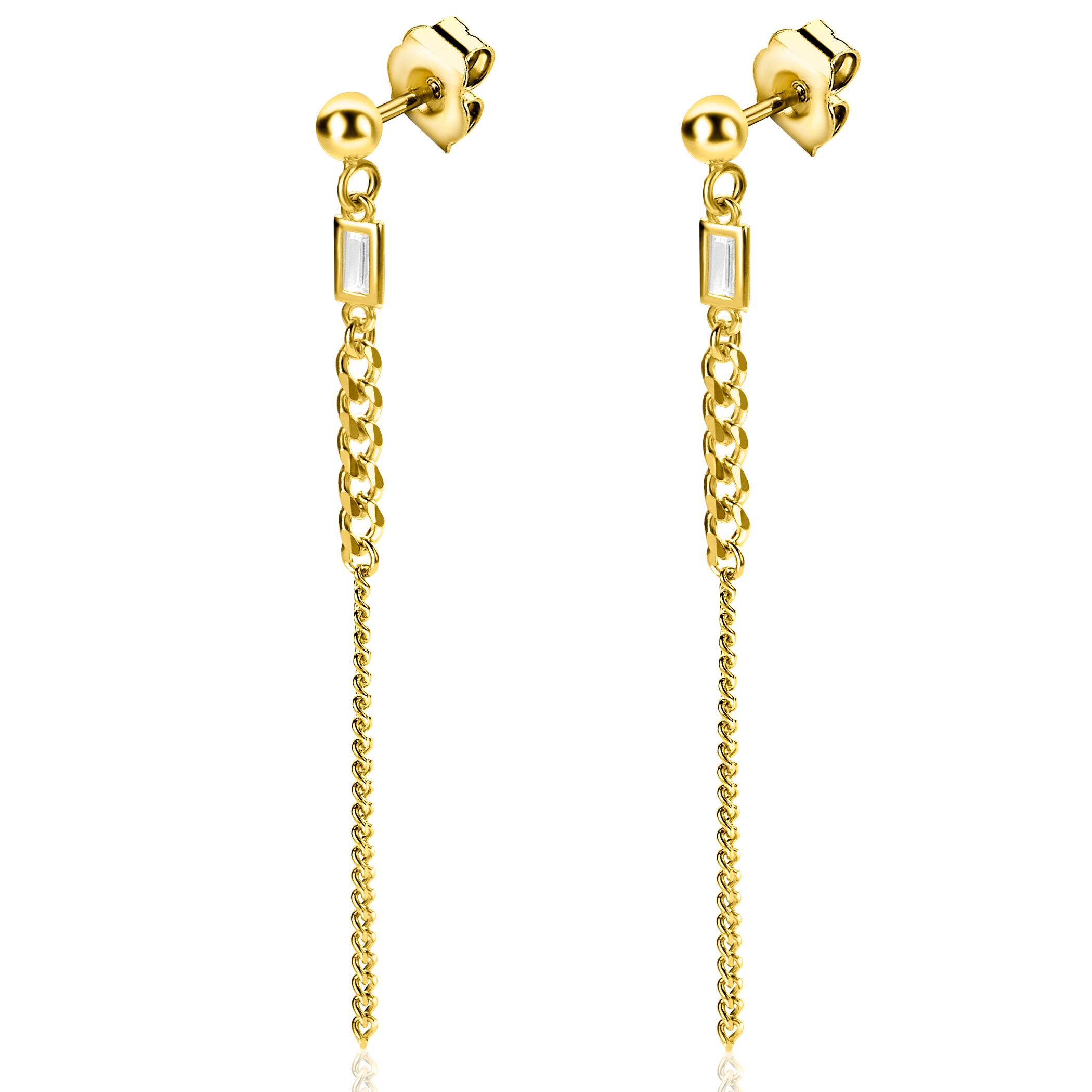 56mm ZINZI gold plated zilveren oorstekers met gourmet schakels en rechthoekige zetting met witte zirconia ZIO2410